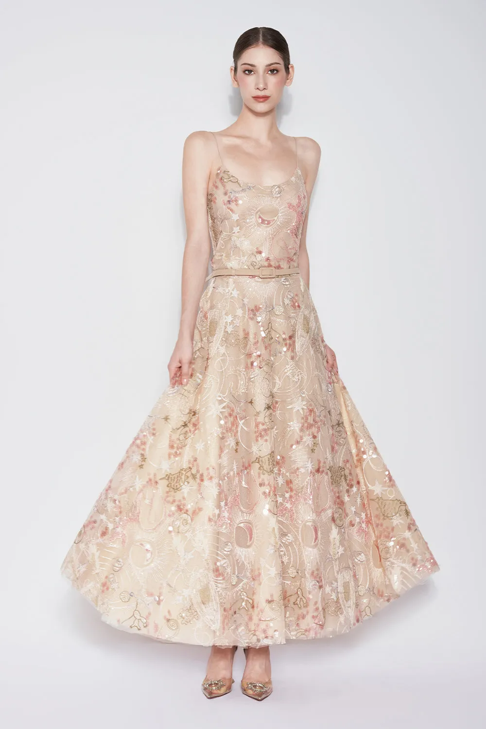 Tidal Whisper A-line Spaghetti Strap Embroidered Lace Maxi Dress