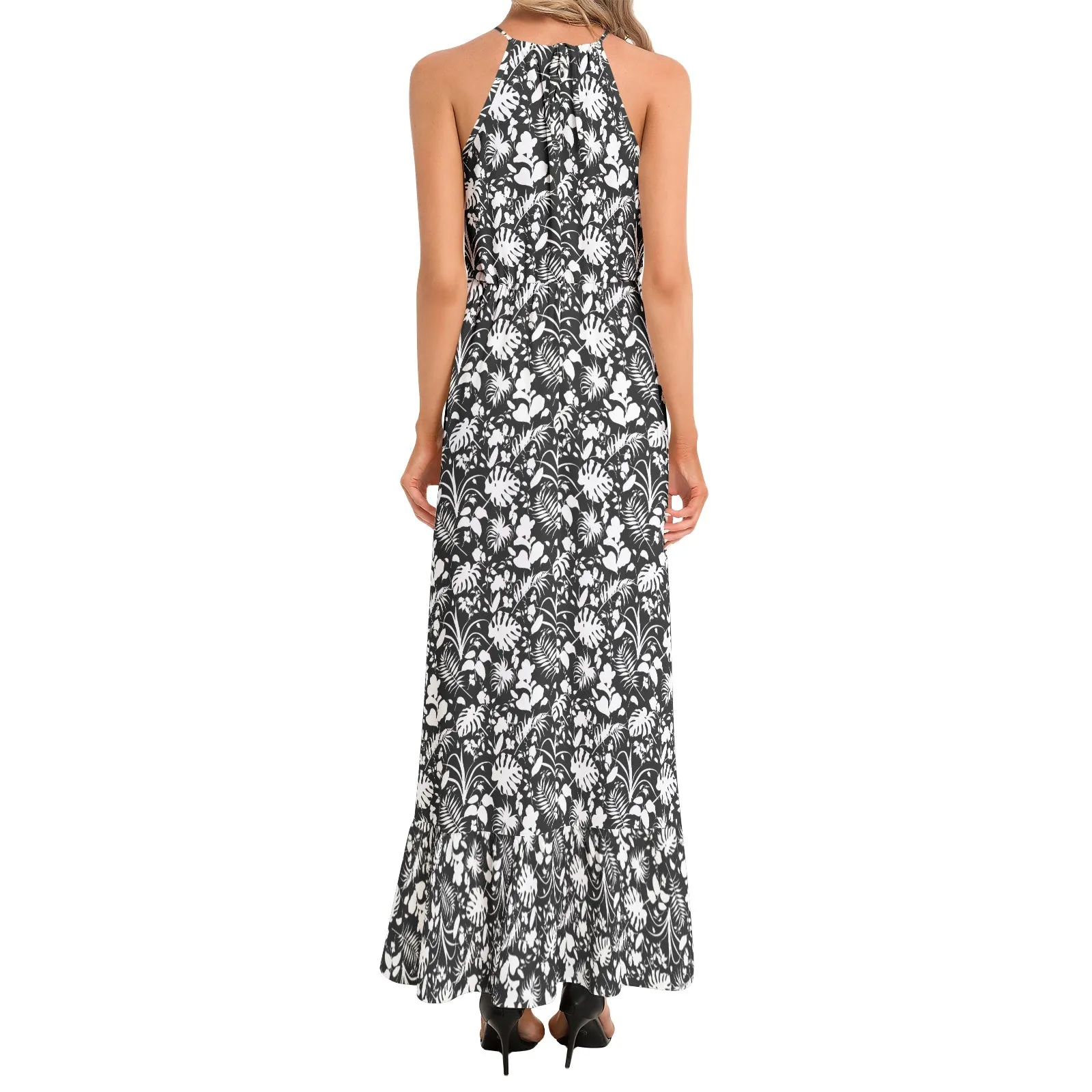 Tropical Black White Ruffle Hem Halter Neck Maxi Dress