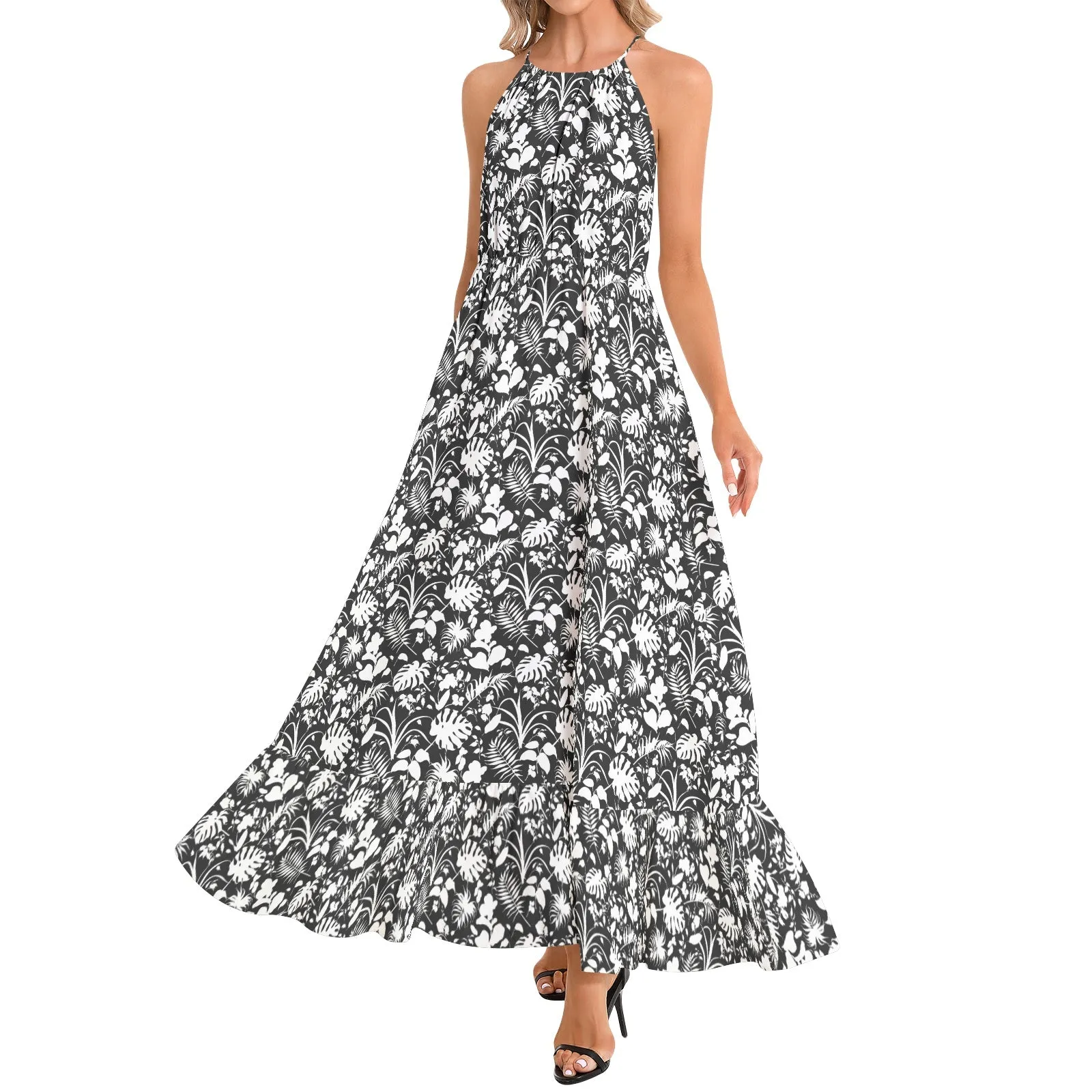 Tropical Black White Ruffle Hem Halter Neck Maxi Dress