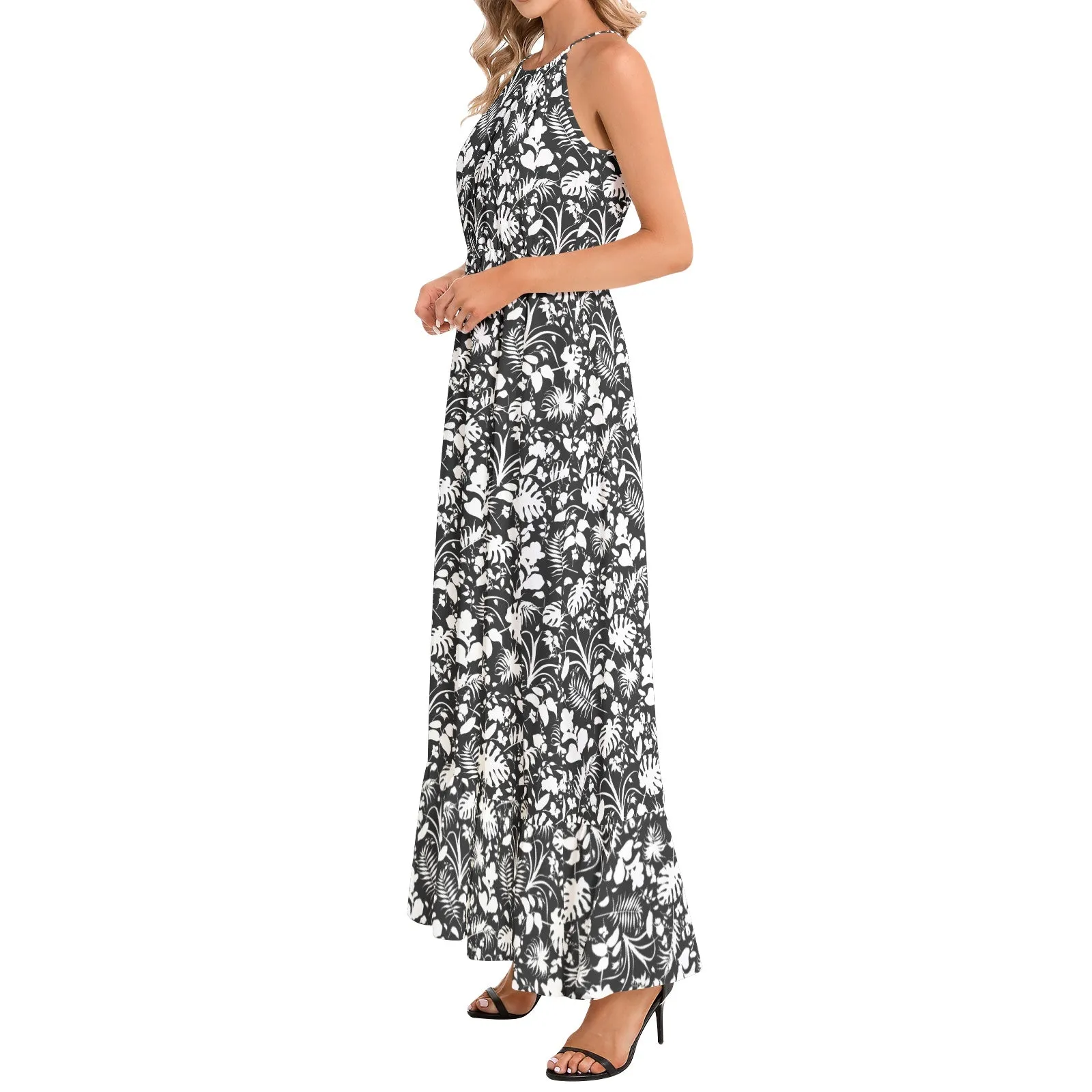 Tropical Black White Ruffle Hem Halter Neck Maxi Dress