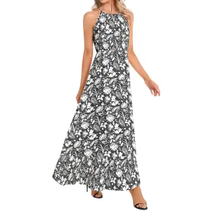 Tropical Black White Ruffle Hem Halter Neck Maxi Dress