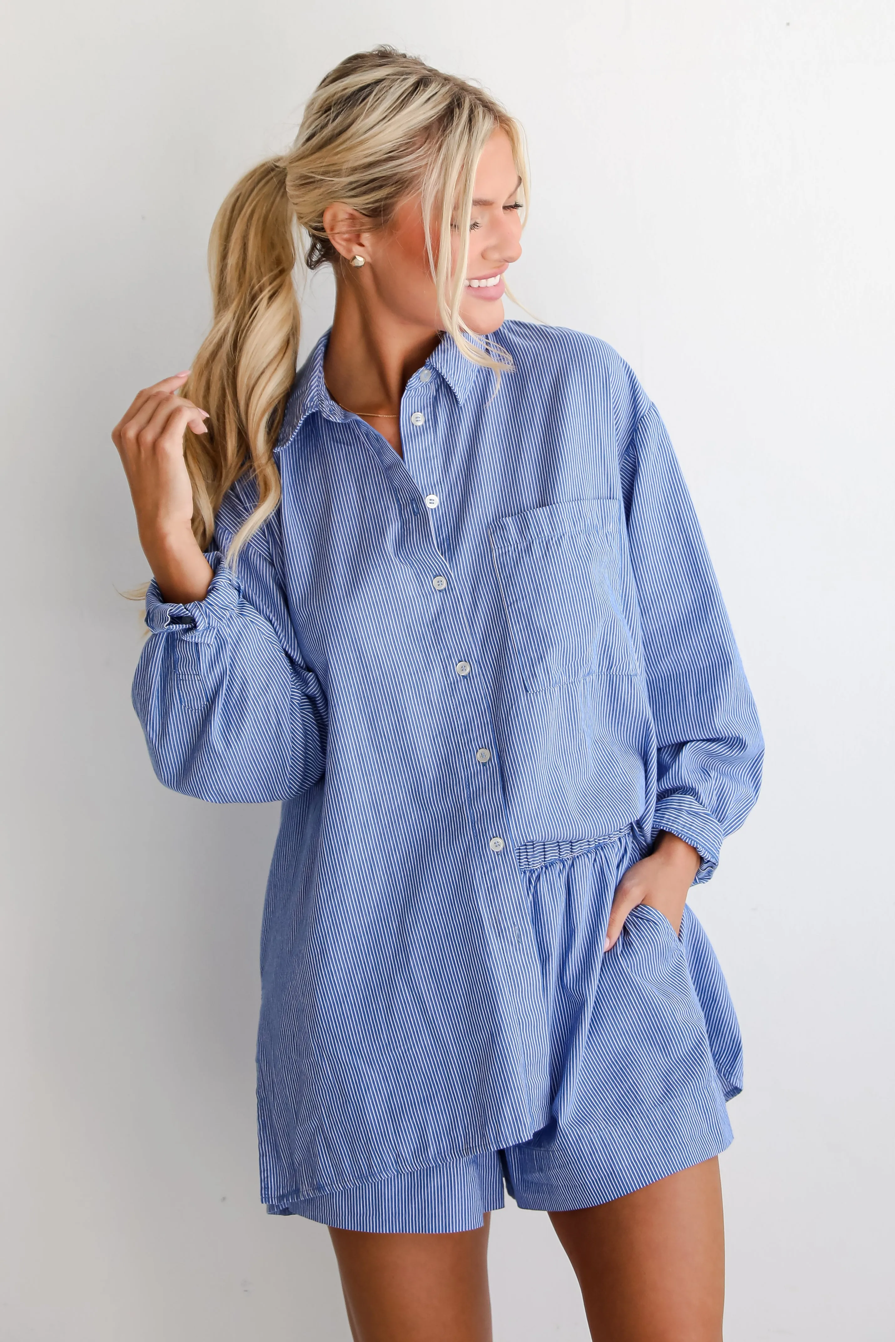 Vacation Sun Blue Striped Button-Up Blouse