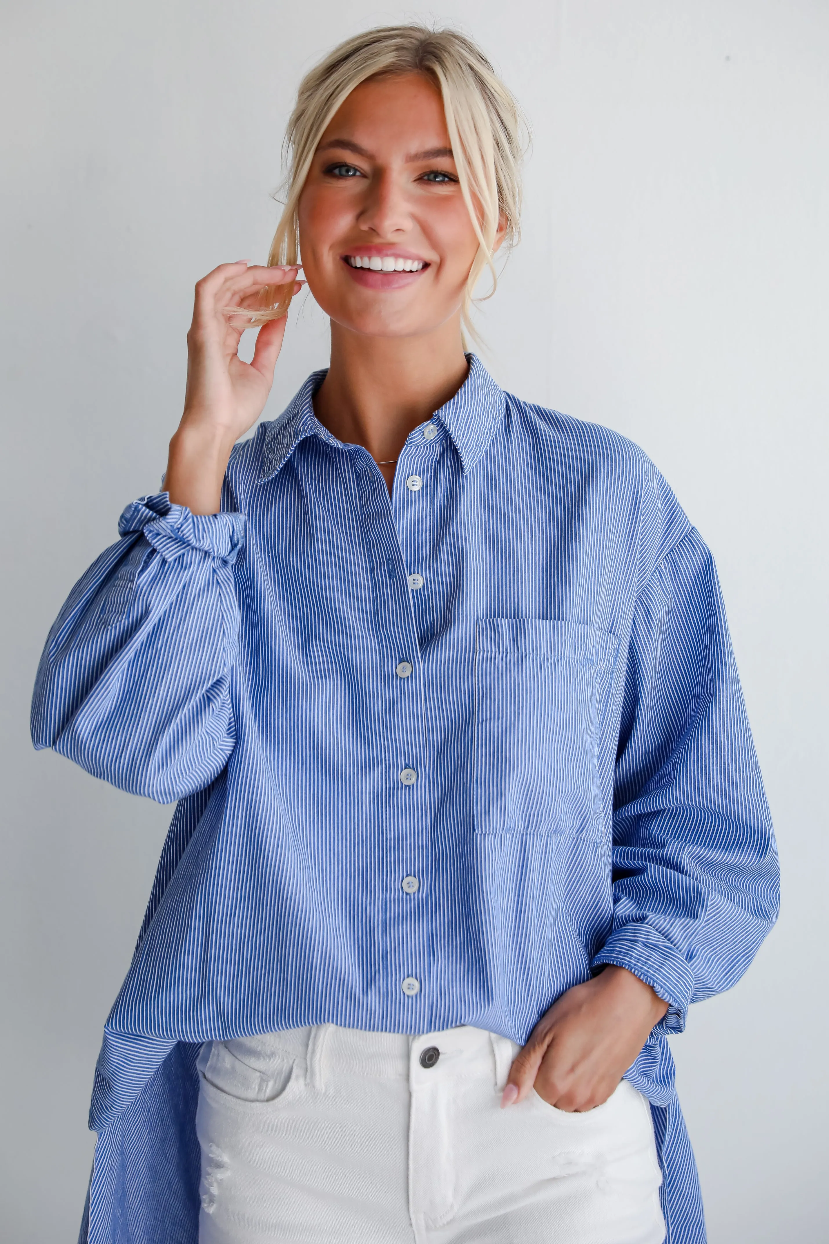 Vacation Sun Blue Striped Button-Up Blouse