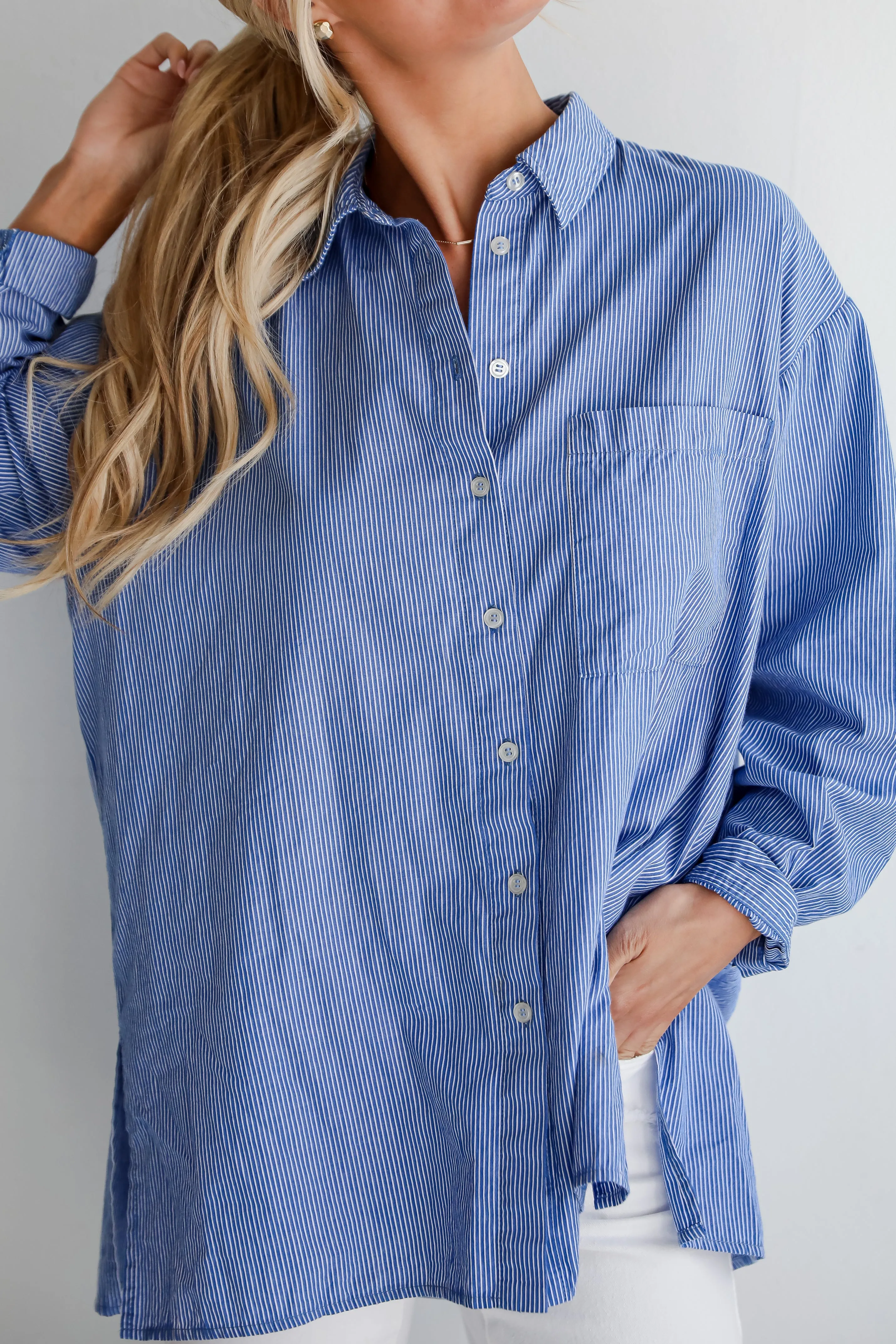 Vacation Sun Blue Striped Button-Up Blouse