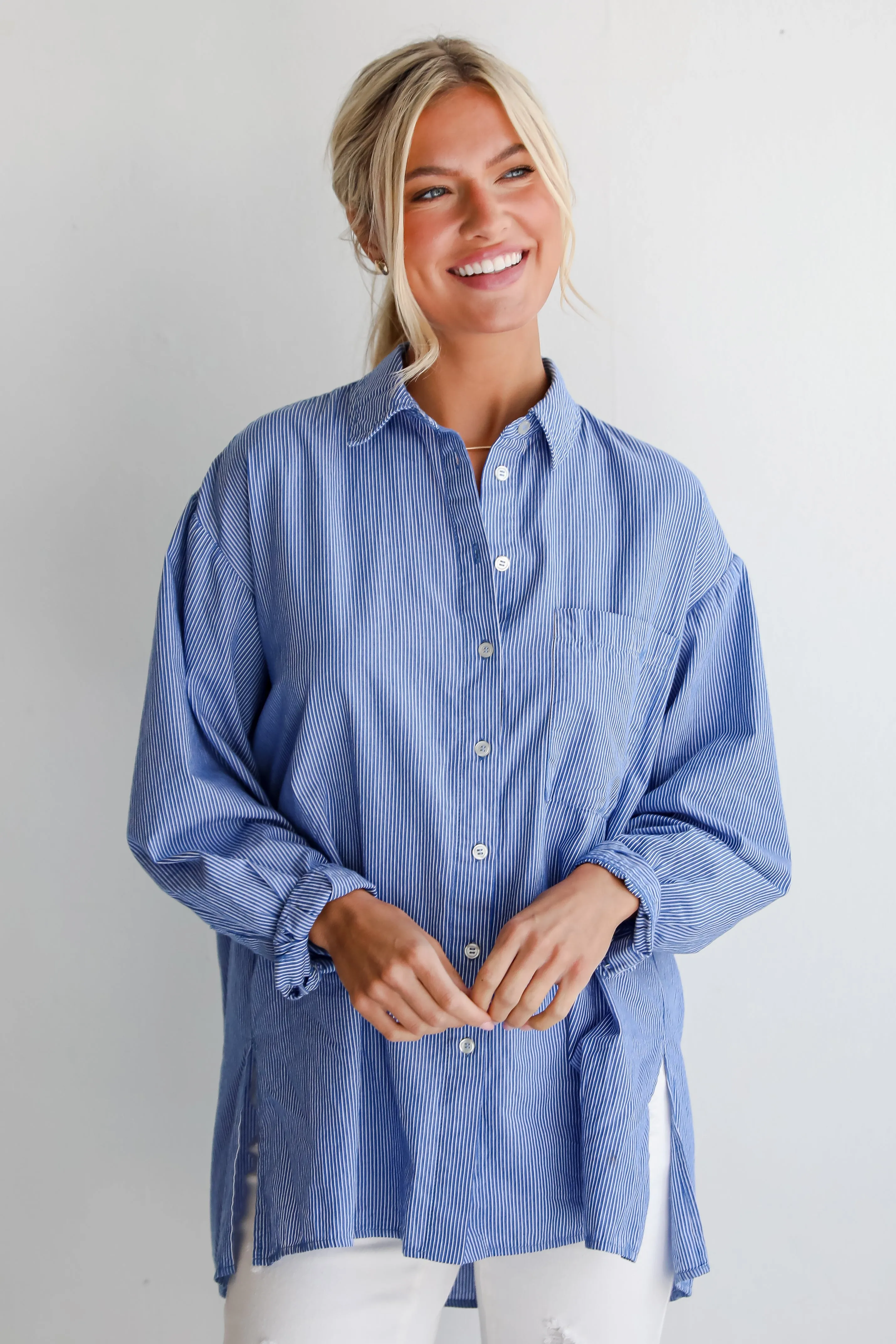 Vacation Sun Blue Striped Button-Up Blouse