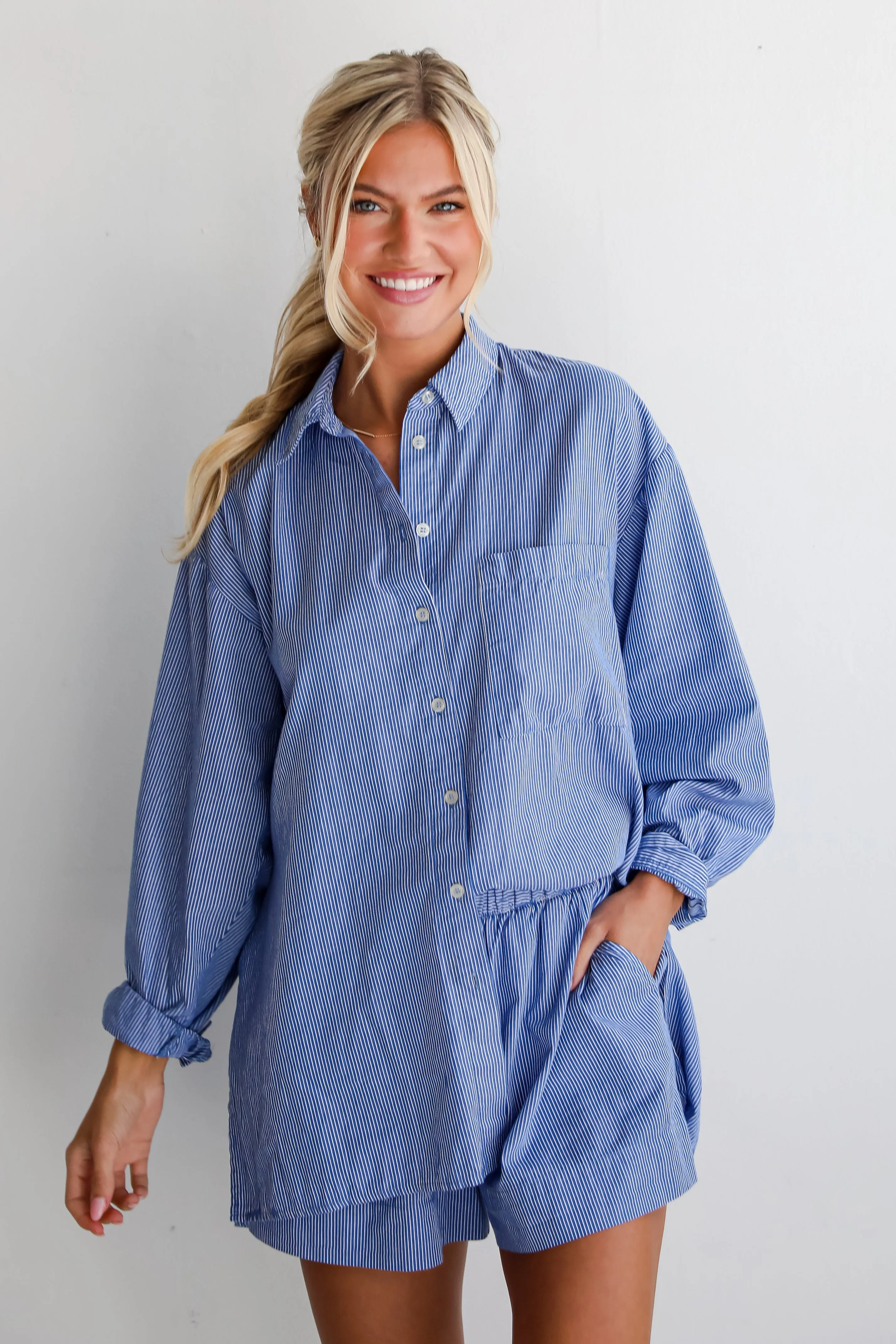 Vacation Sun Blue Striped Button-Up Blouse