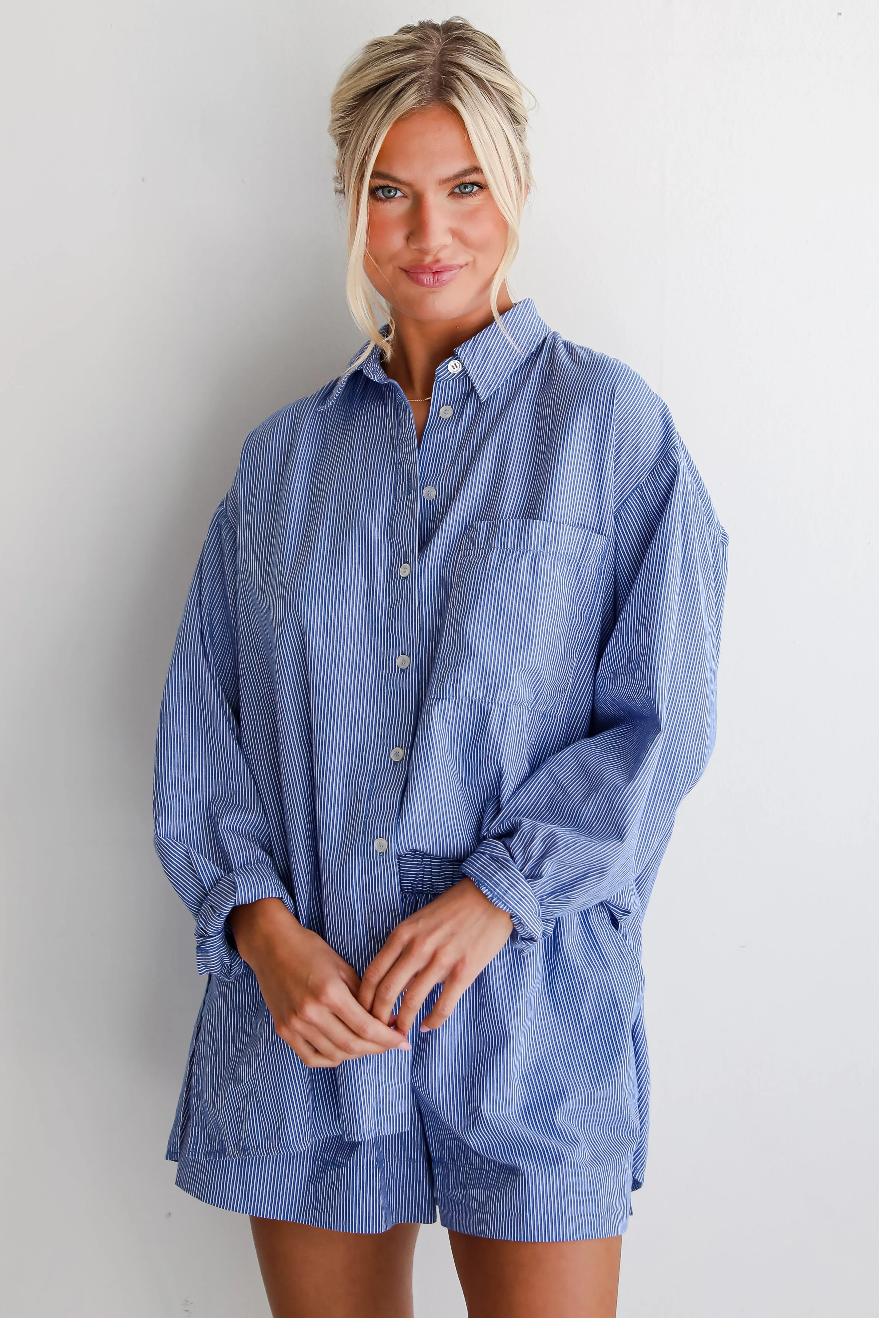 Vacation Sun Blue Striped Button-Up Blouse