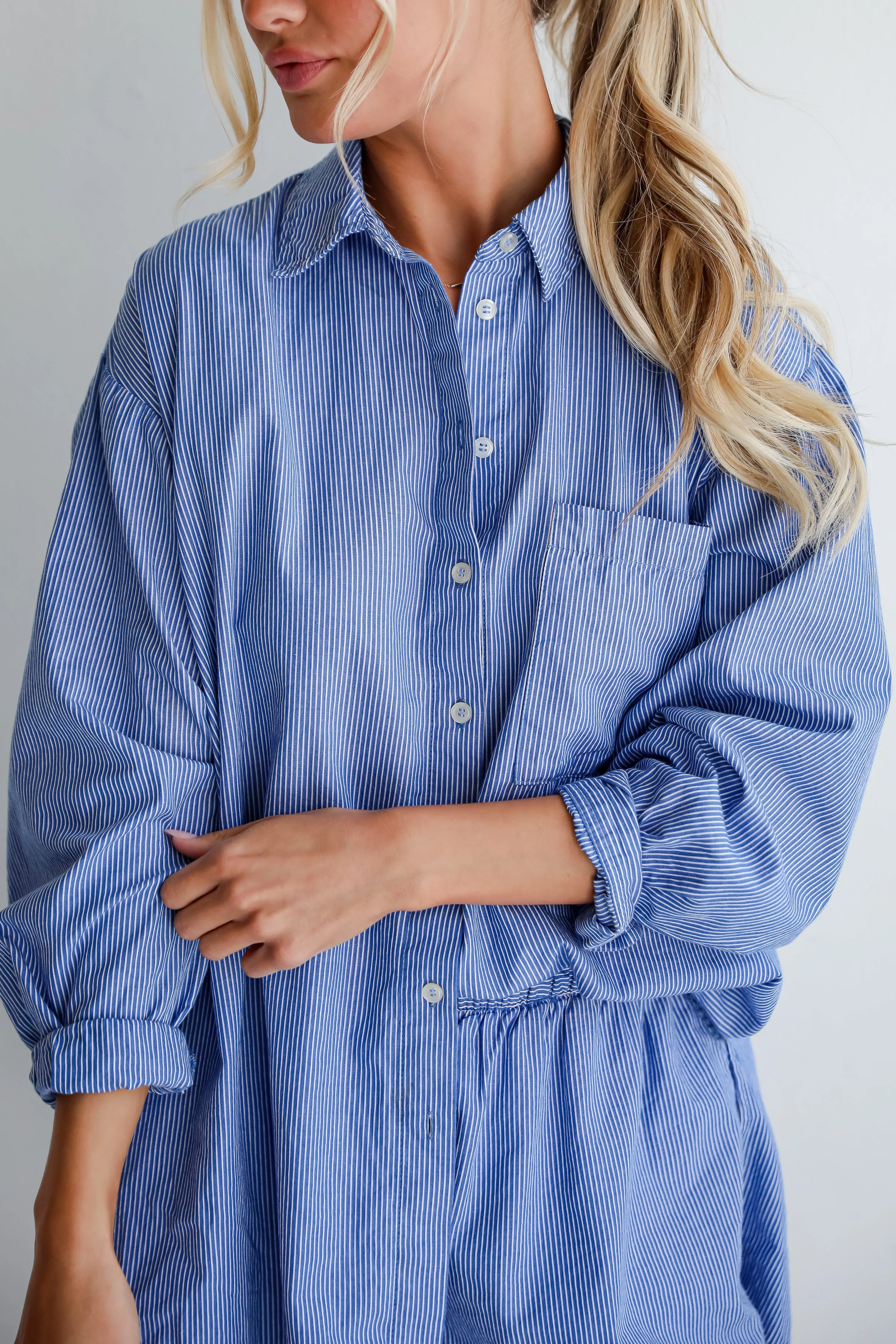 Vacation Sun Blue Striped Button-Up Blouse