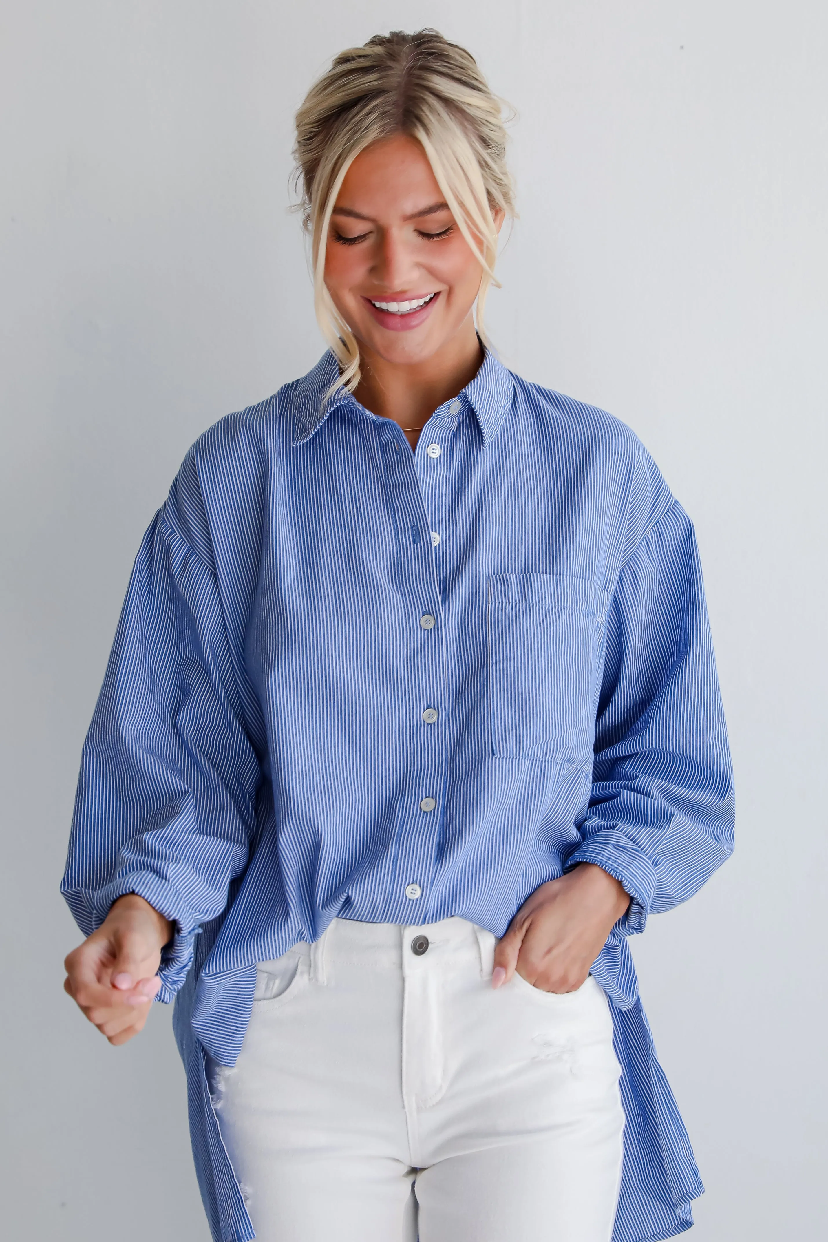 Vacation Sun Blue Striped Button-Up Blouse