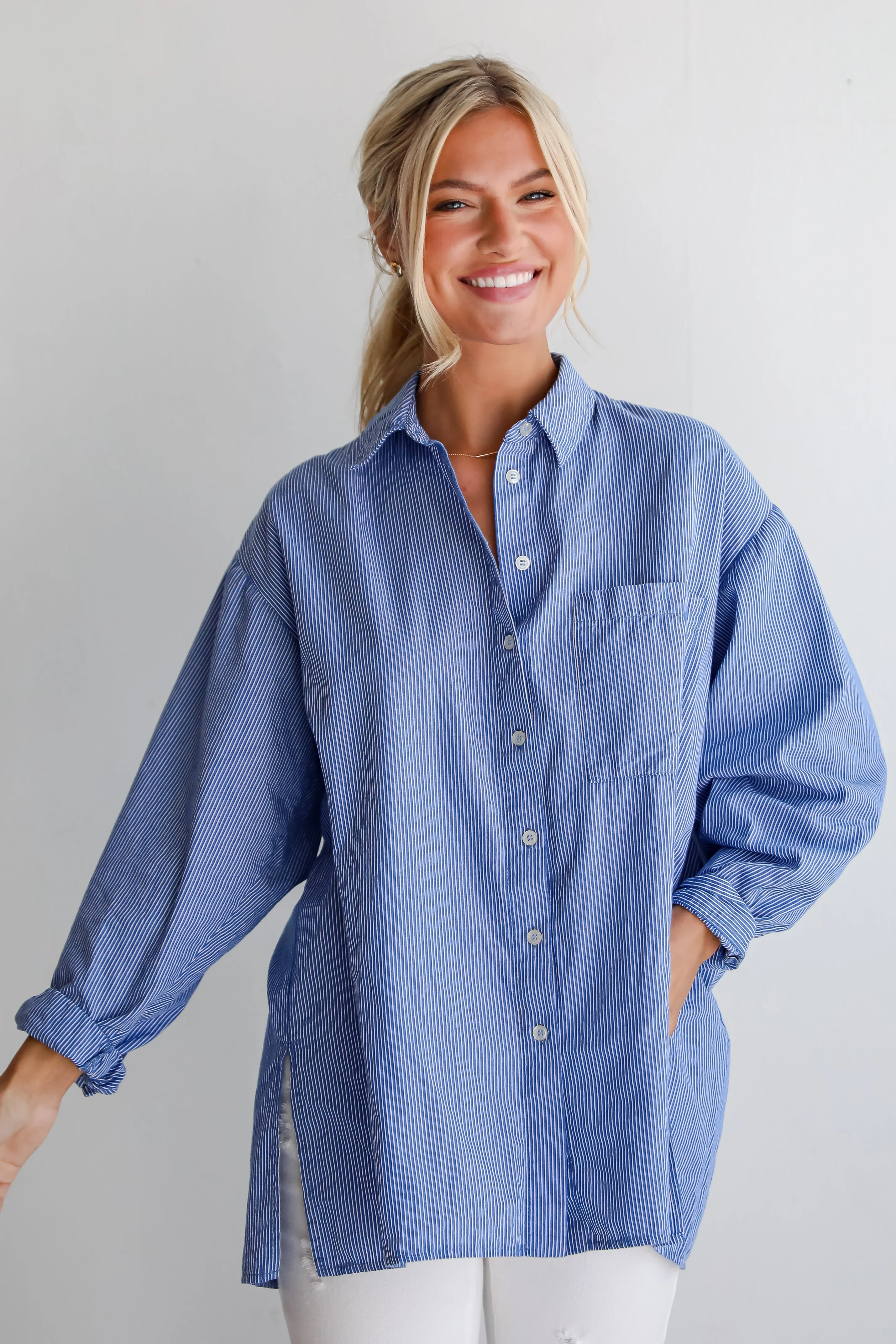 Vacation Sun Blue Striped Button-Up Blouse