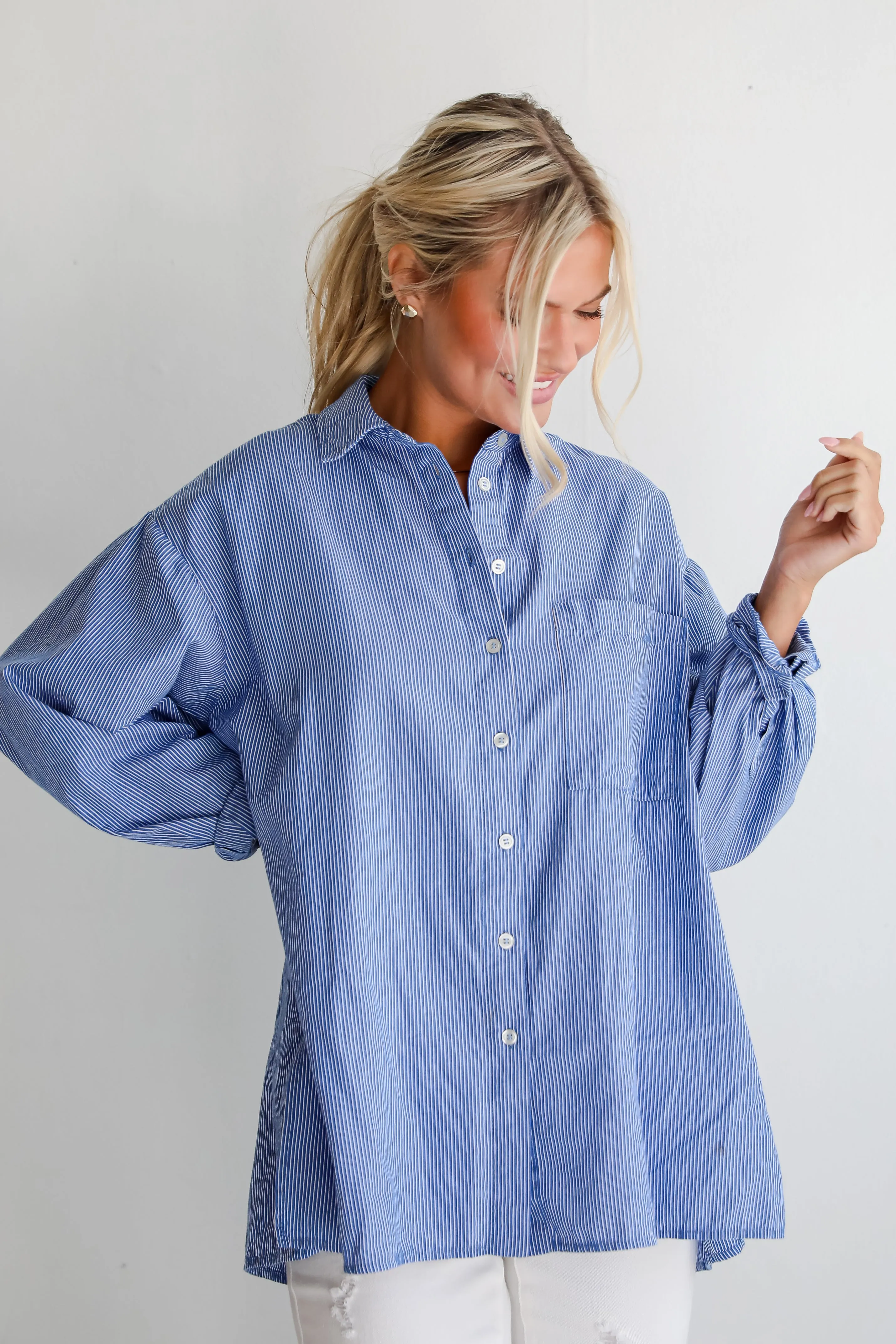 Vacation Sun Blue Striped Button-Up Blouse