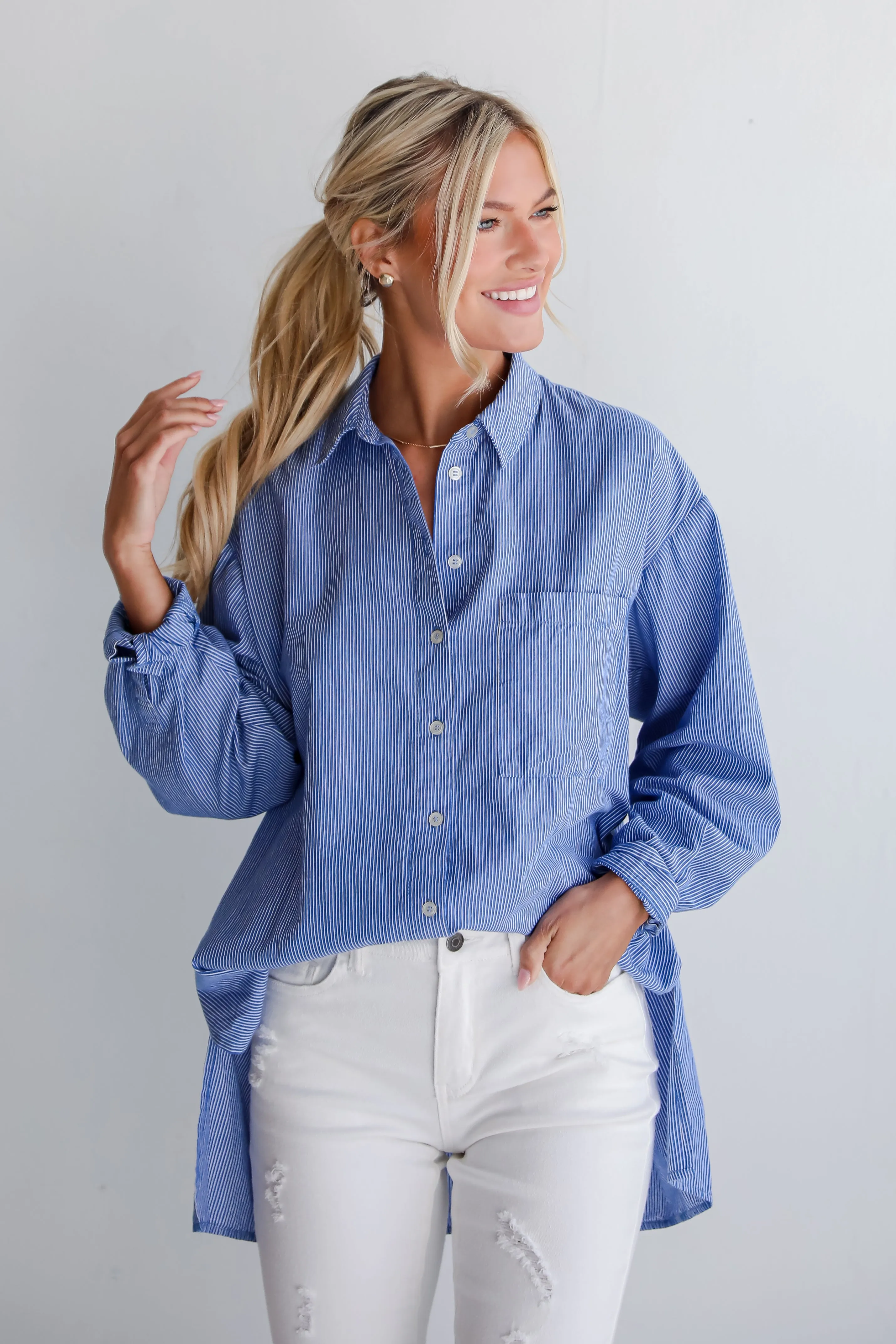 Vacation Sun Blue Striped Button-Up Blouse