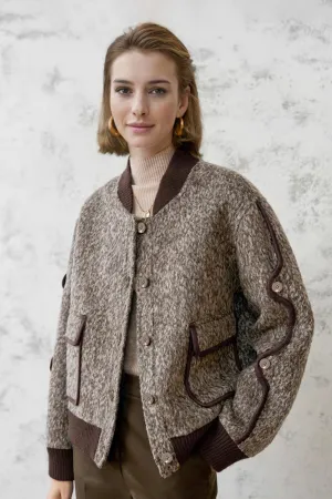 Vintage Boucle Wool Blend Button-Up Bomber Jacket