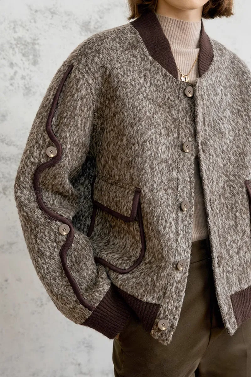 Vintage Boucle Wool Blend Button-Up Bomber Jacket