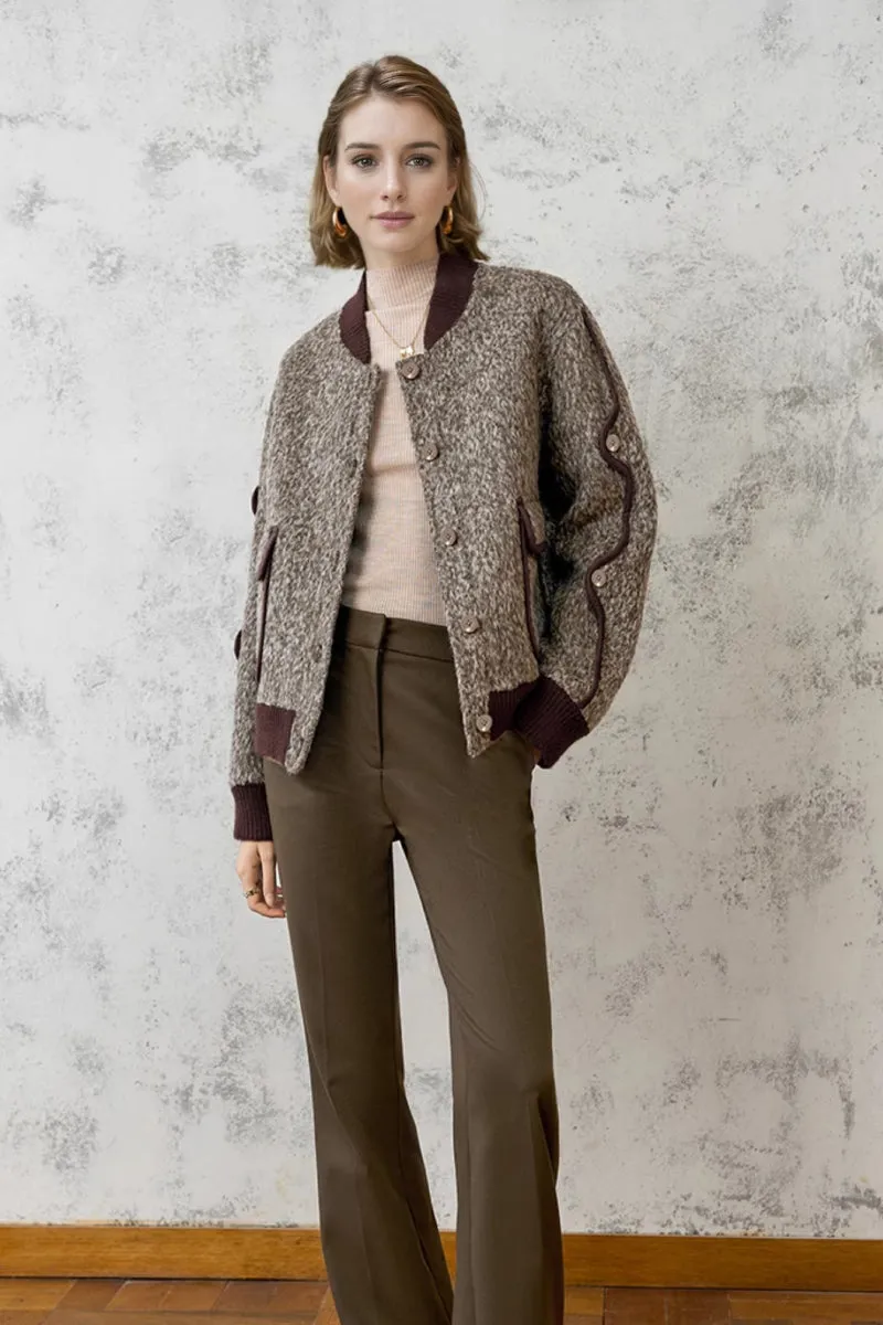 Vintage Boucle Wool Blend Button-Up Bomber Jacket