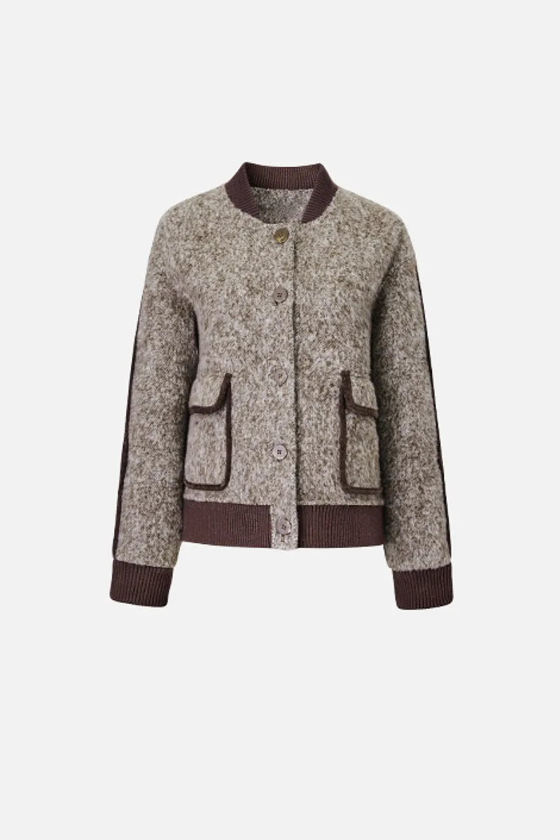 Vintage Boucle Wool Blend Button-Up Bomber Jacket
