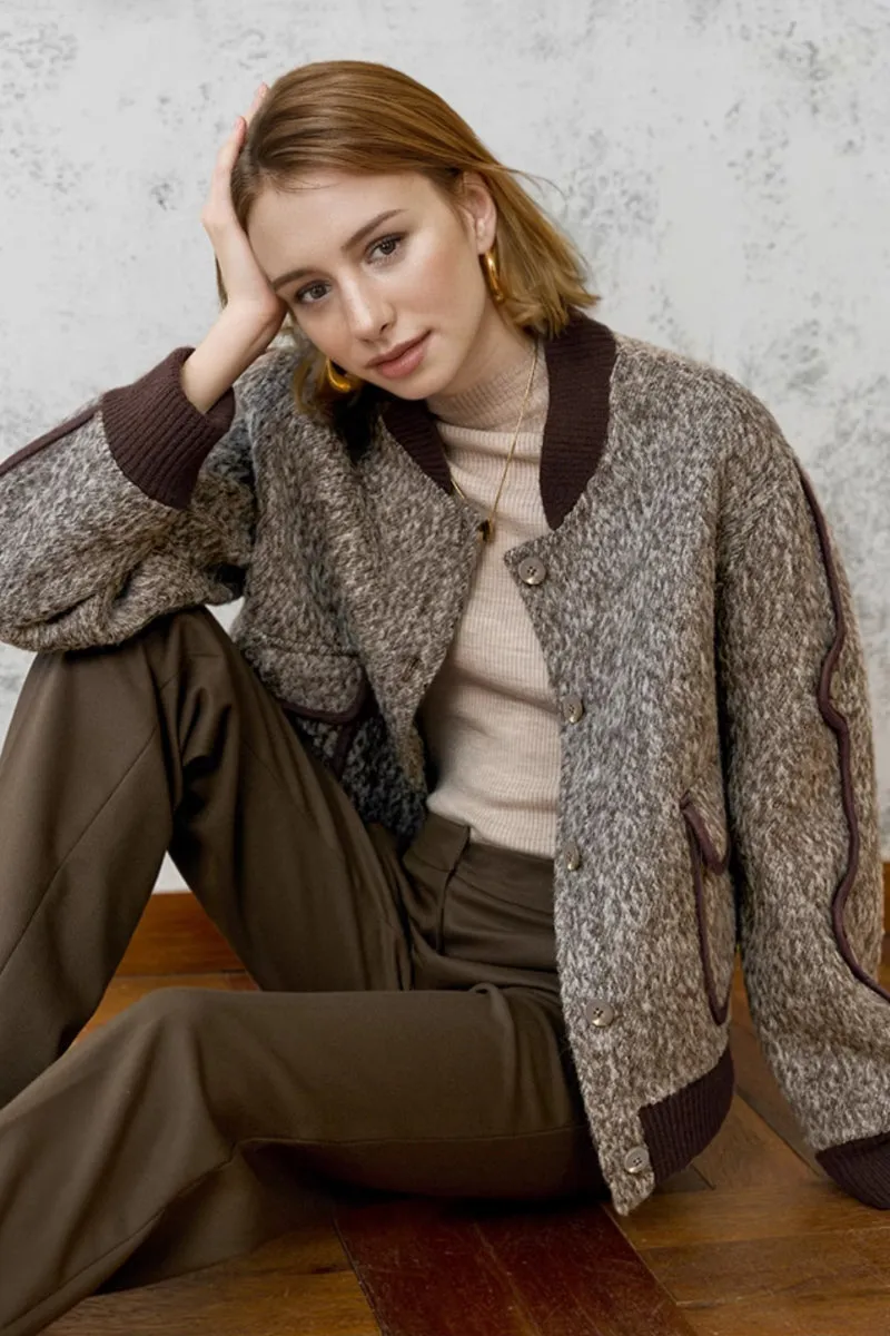 Vintage Boucle Wool Blend Button-Up Bomber Jacket