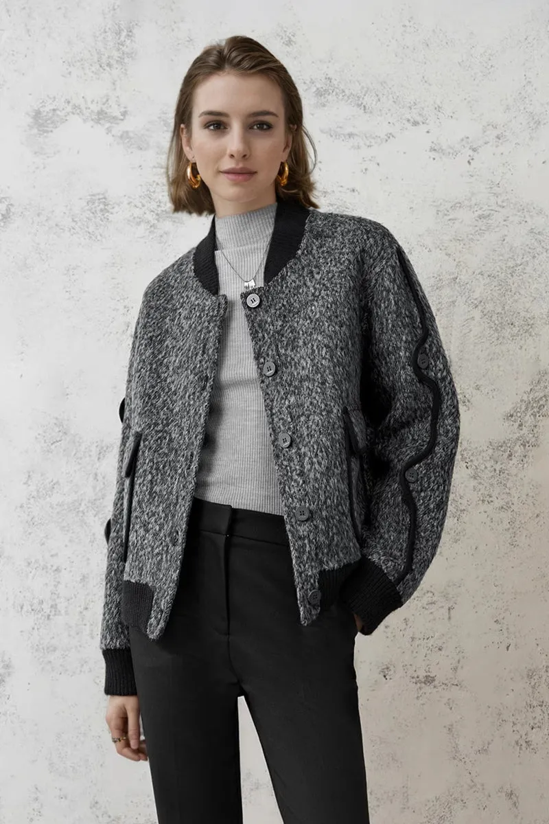 Vintage Boucle Wool Blend Button-Up Bomber Jacket