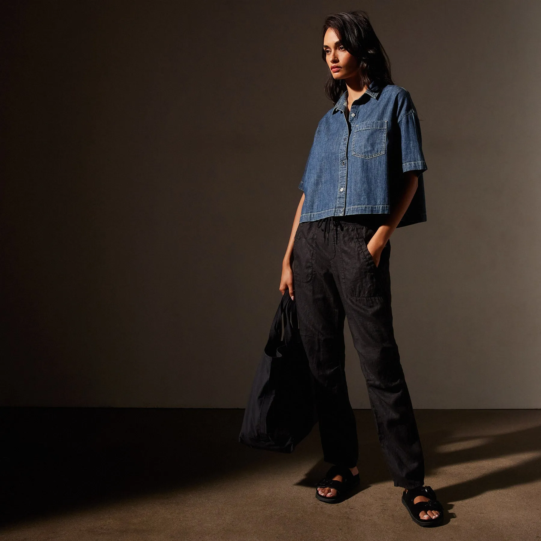 Washed Denim Cropped Shirt - Medium Wash