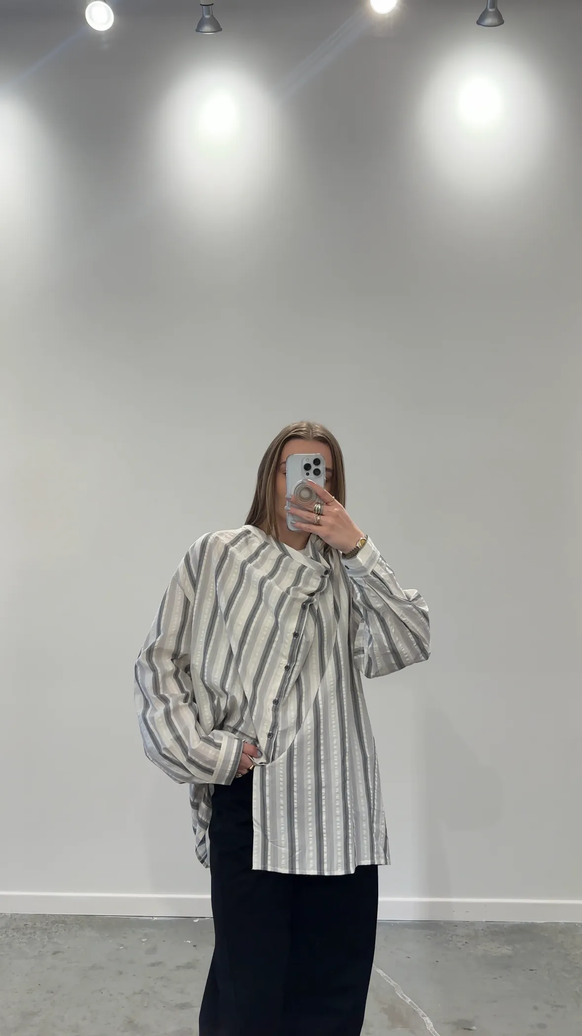 White Striped Asymmetrical Button Down Blouse