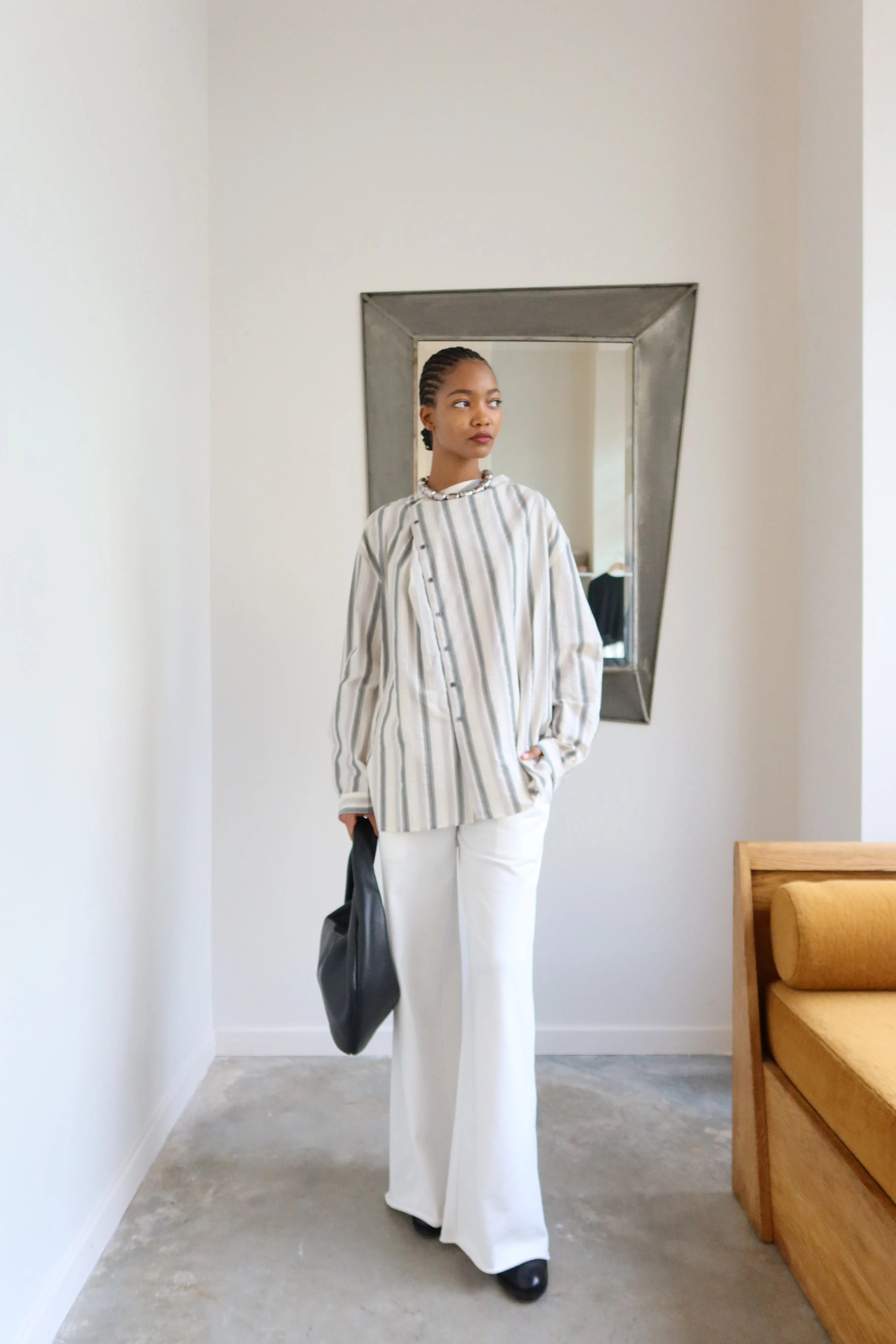 White Striped Asymmetrical Button Down Blouse