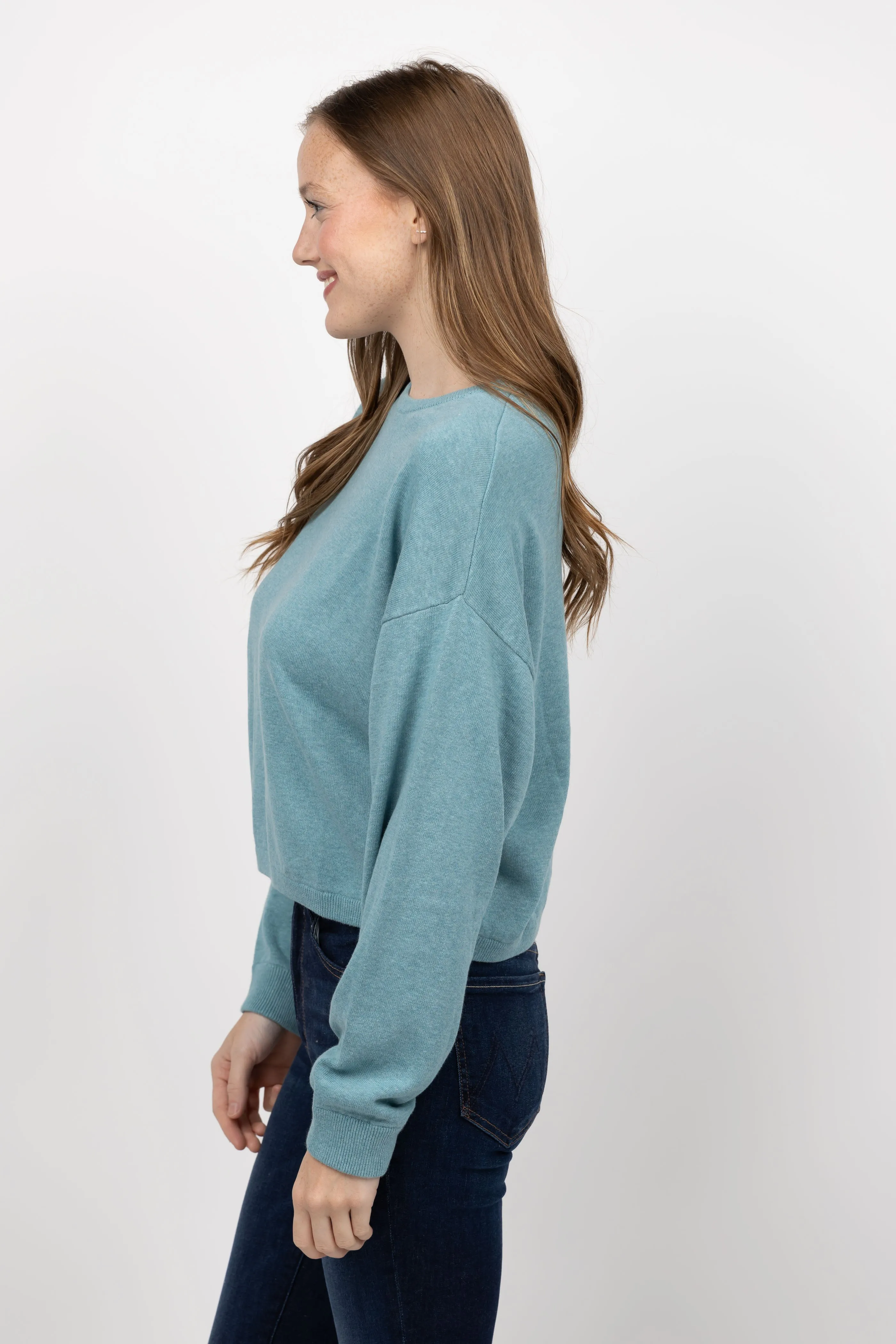 White   Warren Cotton Linen Drop Shoulder Sweater in Soft Aqua