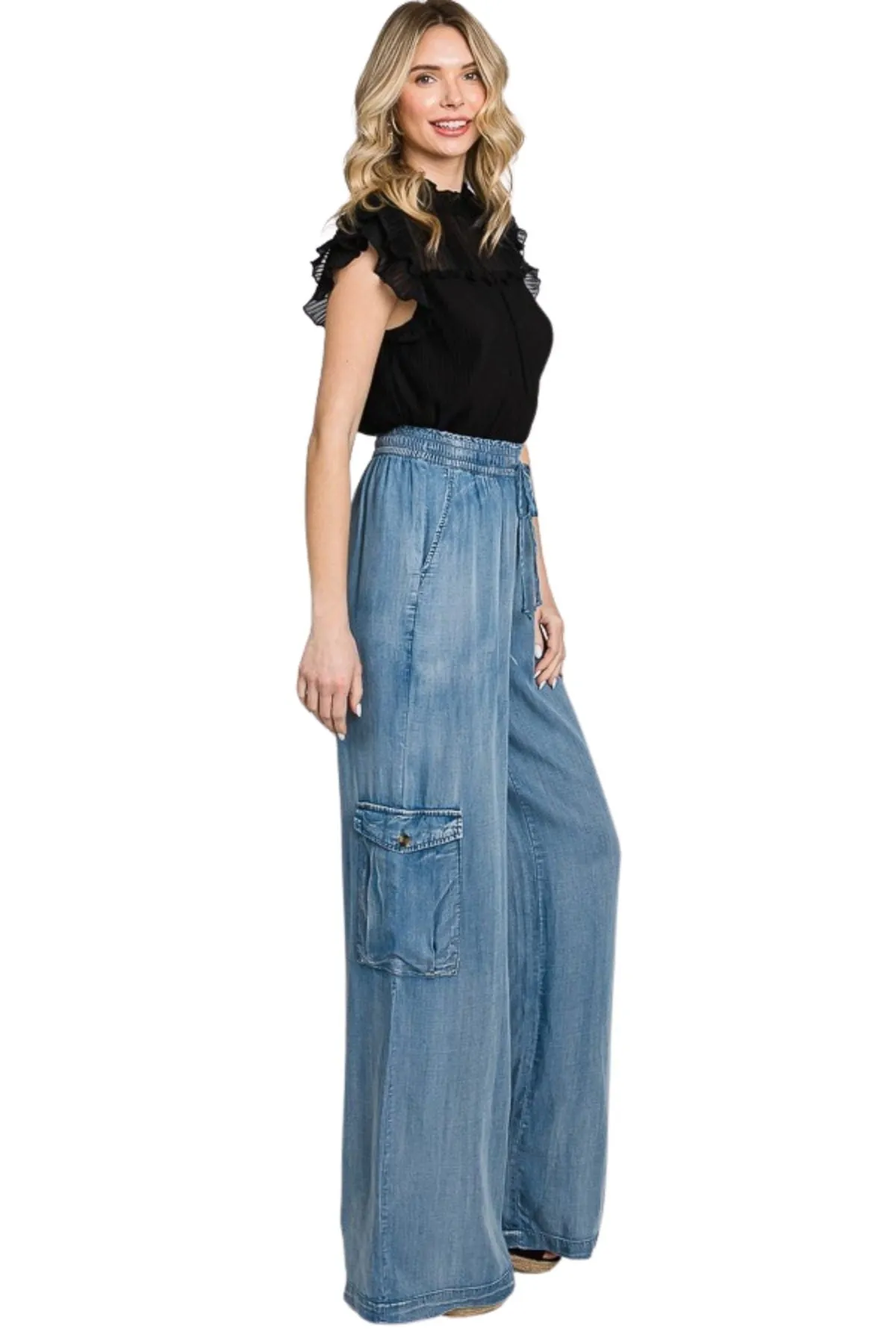 Wide Leg Jeans Drawstring High Waisted Loose Denim Pants (30012)