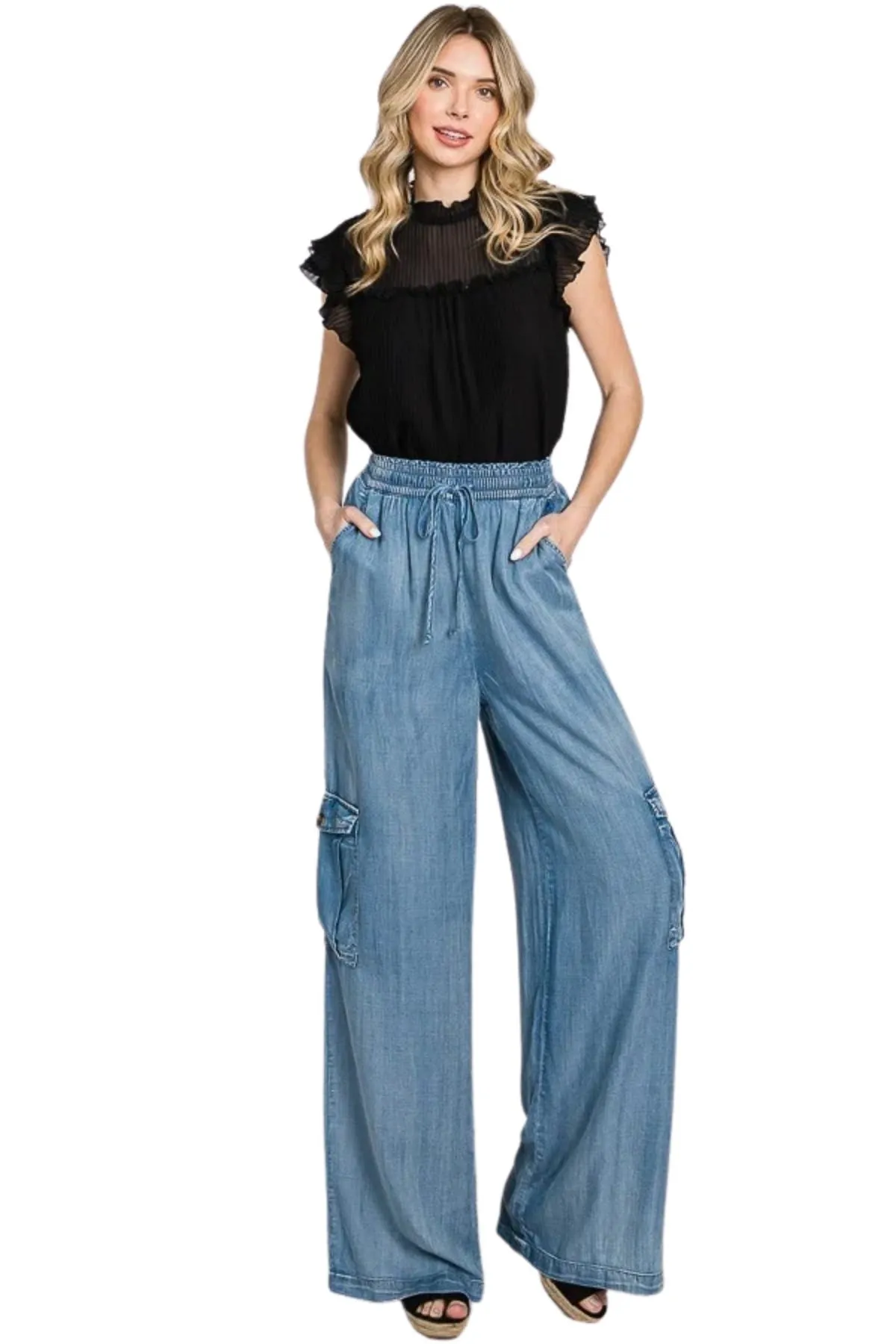 Wide Leg Jeans Drawstring High Waisted Loose Denim Pants (30012)