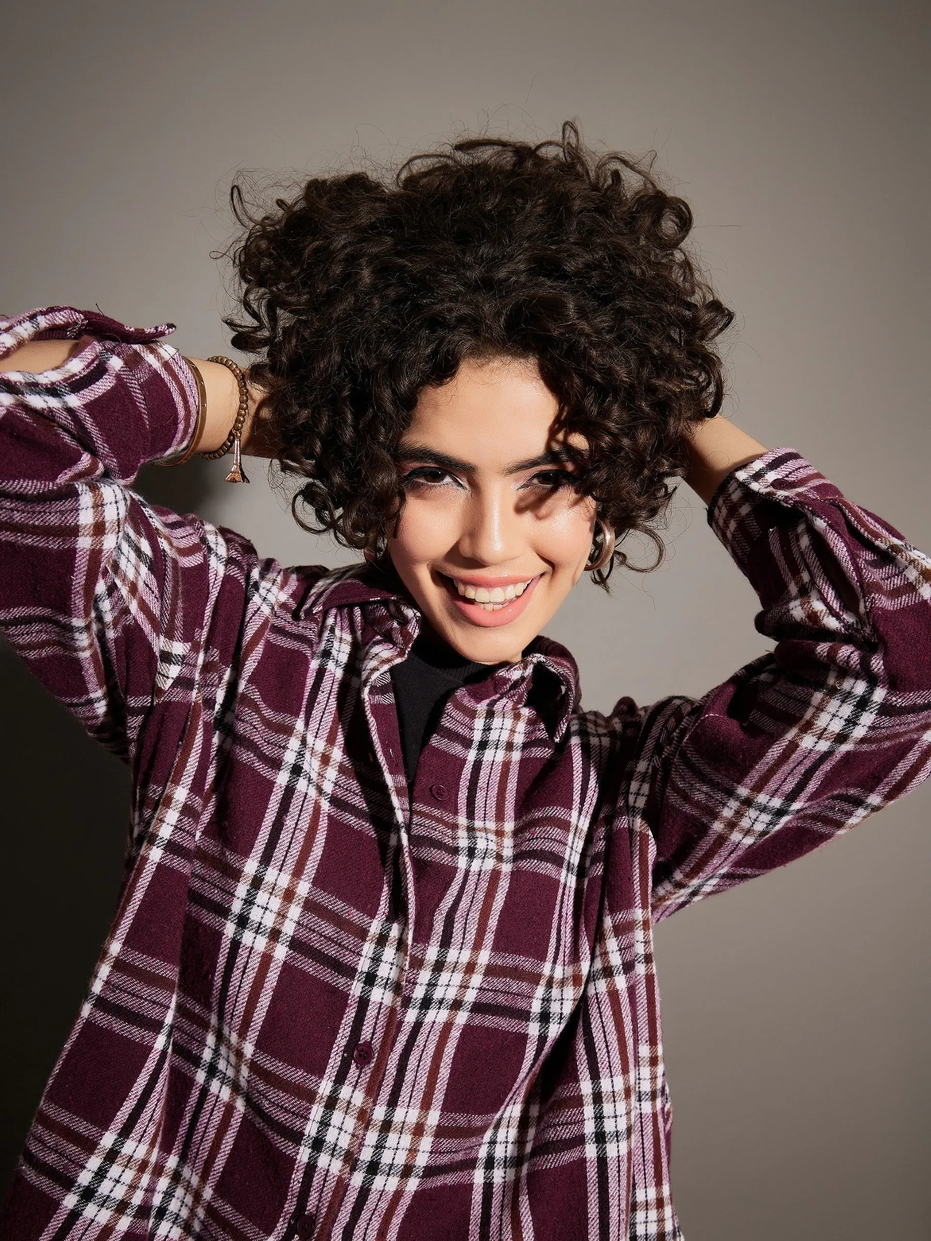 Women Maroon Yarn dyed Back Cris Cross Detail Oversized Shirt