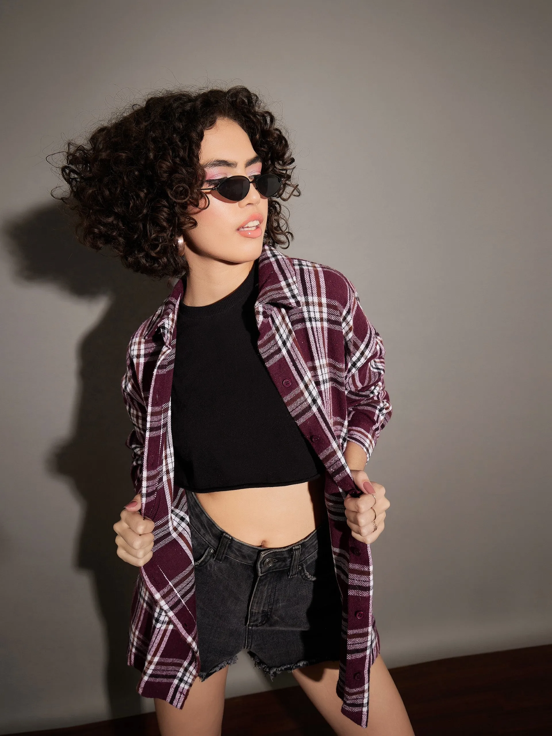 Women Maroon Yarn dyed Back Cris Cross Detail Oversized Shirt