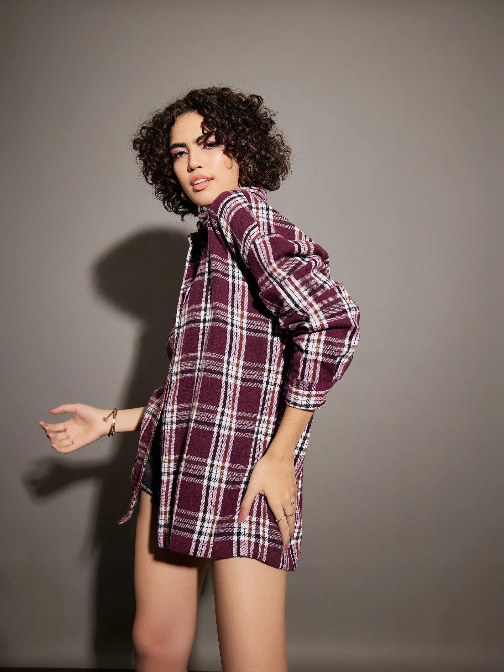 Women Maroon Yarn dyed Back Cris Cross Detail Oversized Shirt