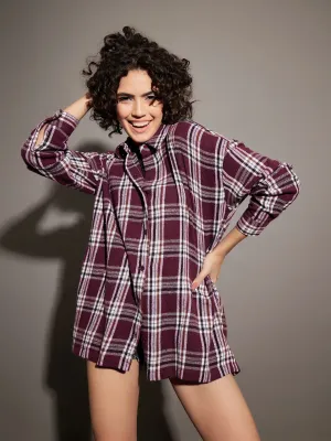 Women Maroon Yarn dyed Back Cris Cross Detail Oversized Shirt