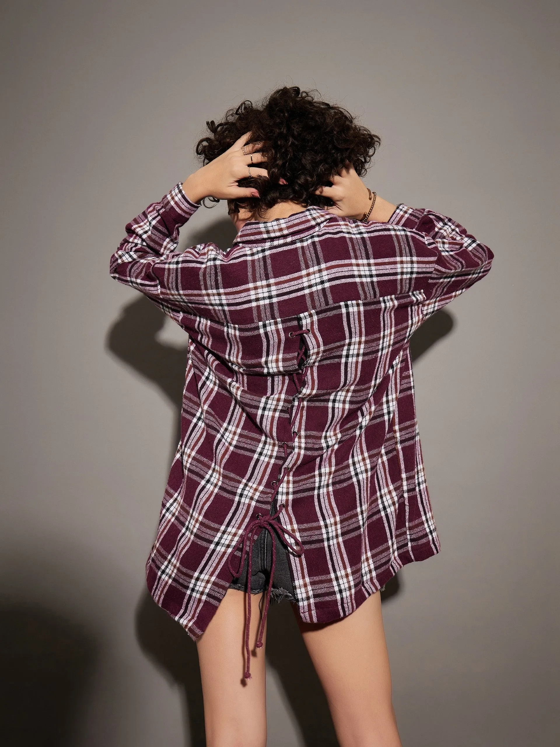 Women Maroon Yarn dyed Back Cris Cross Detail Oversized Shirt