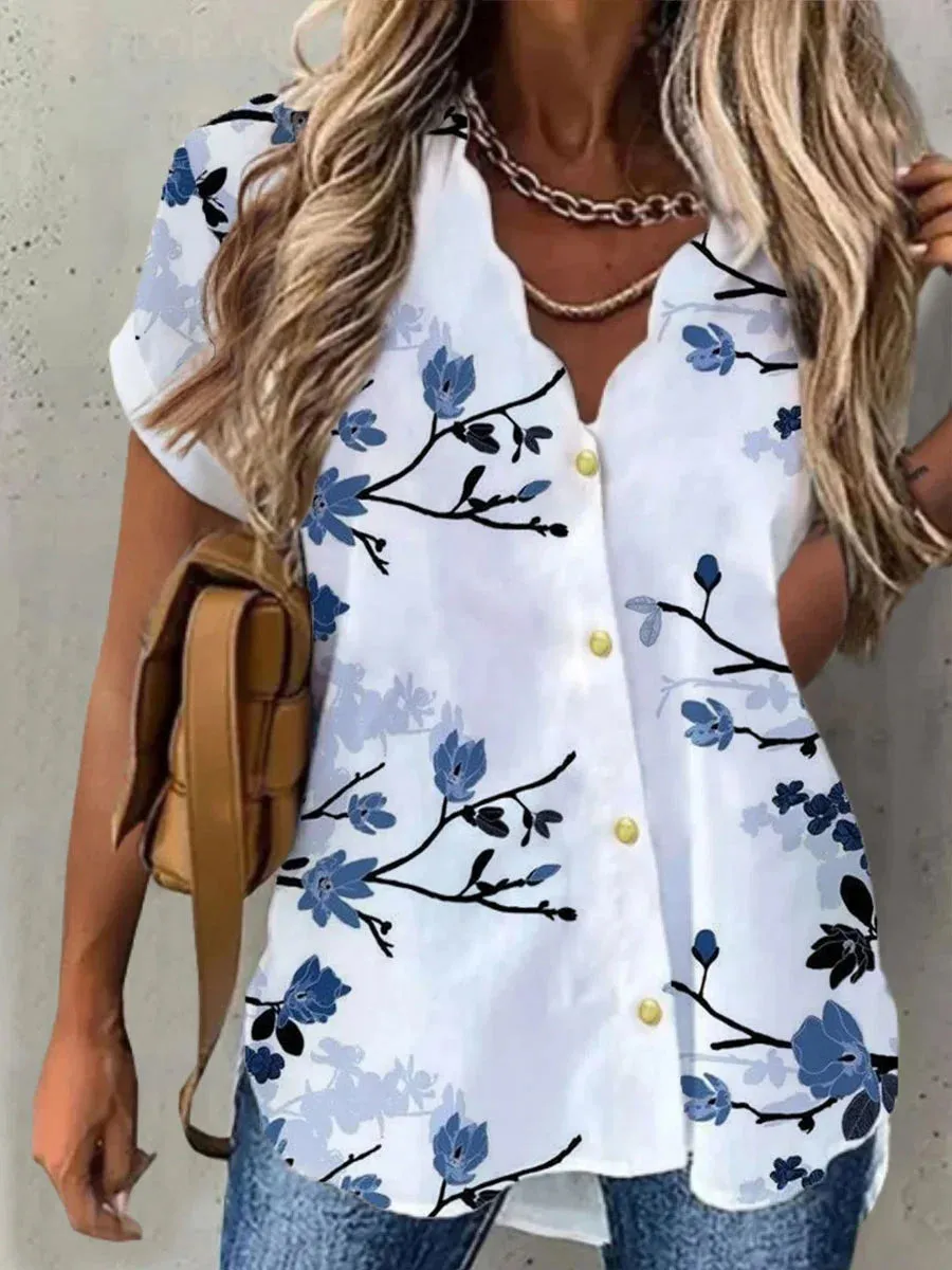 Women's Floral V-Neck Blouse - Short Sleeve Button-Up Casual Shirt for Daily & Weekend Wear