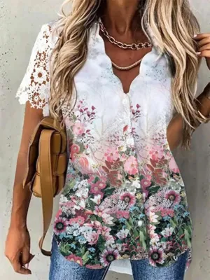 Women's Floral V-Neck Blouse - Short Sleeve Button-Up Casual Shirt for Daily & Weekend Wear