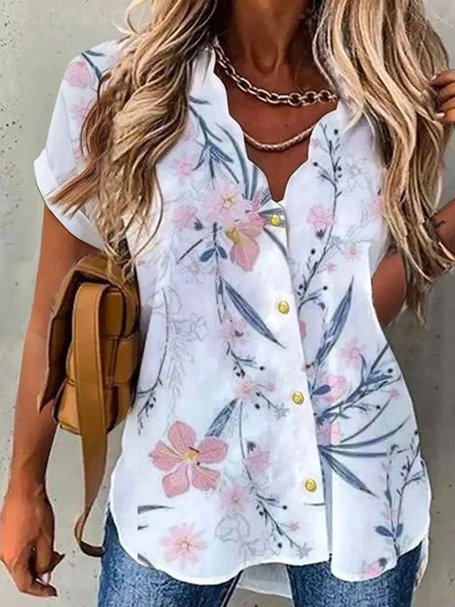 Women's Floral V-Neck Blouse - Short Sleeve Button-Up Casual Shirt for Daily & Weekend Wear