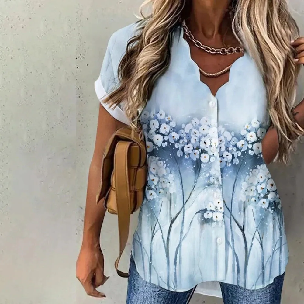 Women's Floral V-Neck Blouse - Short Sleeve Button-Up Casual Shirt for Daily & Weekend Wear