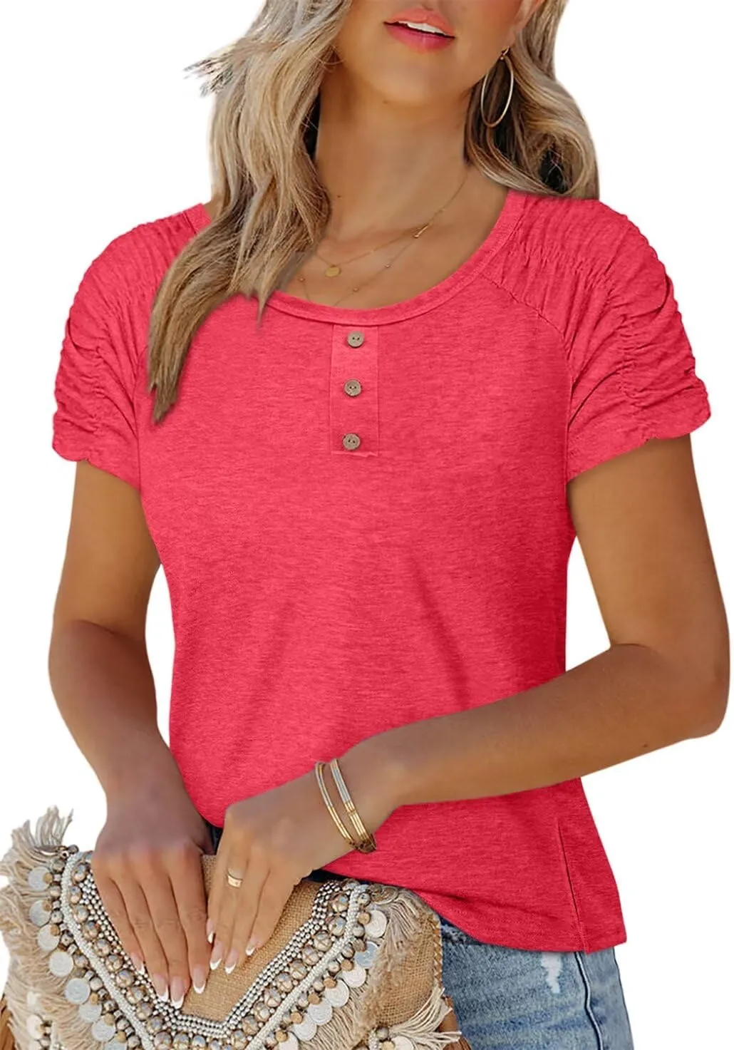 Womens Short Sleeve Tops Casual Solid Color Ladies Summer Shirts Dressy Plus Size T Shirts