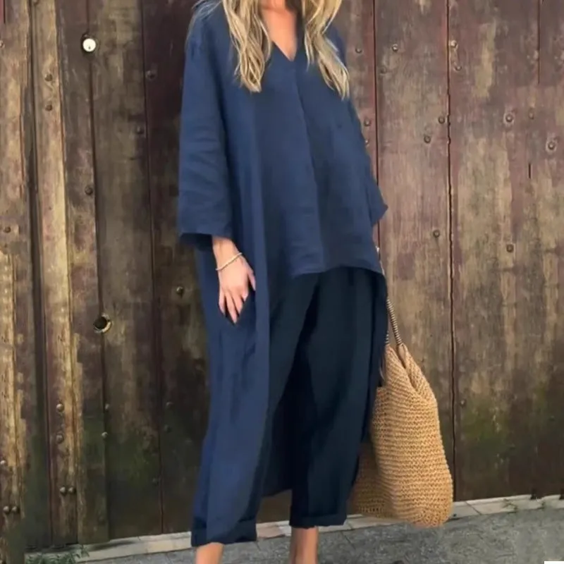 Women's Summer Loose Pocket V-Neck 2-Piece Set Light and Comfortable, Stylish and Casual, A Summer Must-Have!