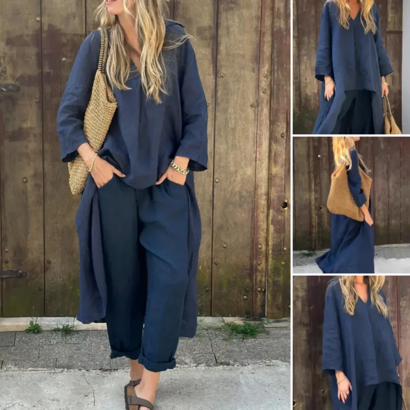 Women's Summer Loose Pocket V-Neck 2-Piece Set Light and Comfortable, Stylish and Casual, A Summer Must-Have!