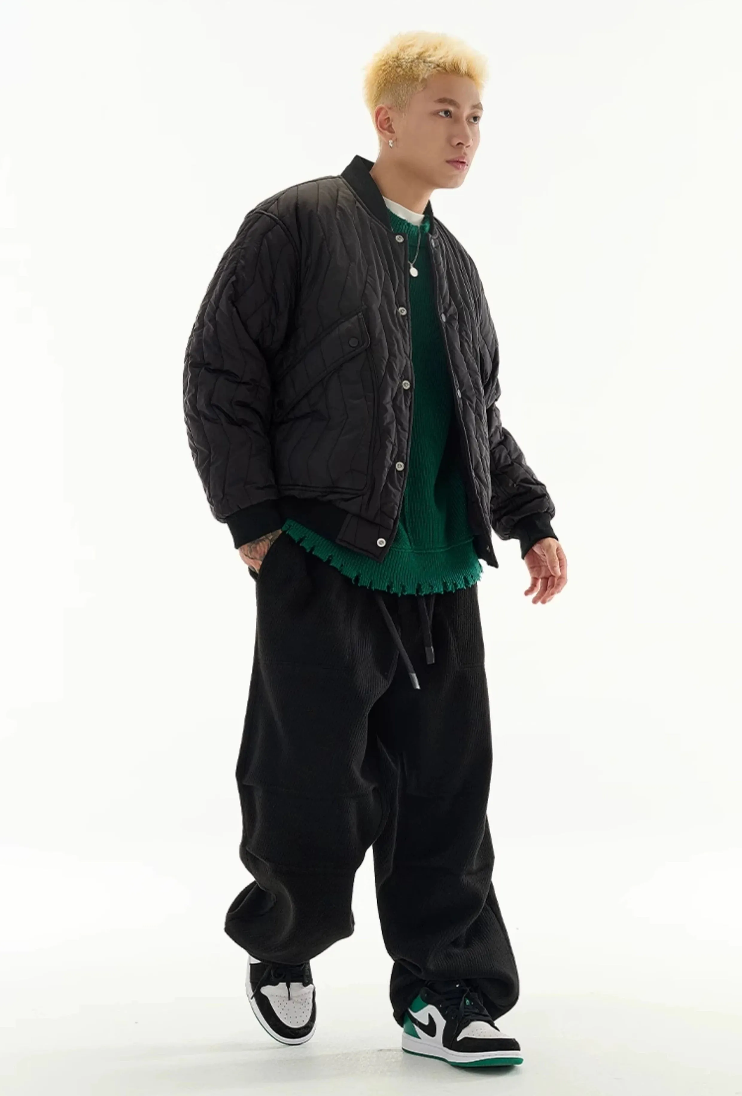 Zigzag Quilted Button Bomber Jacket