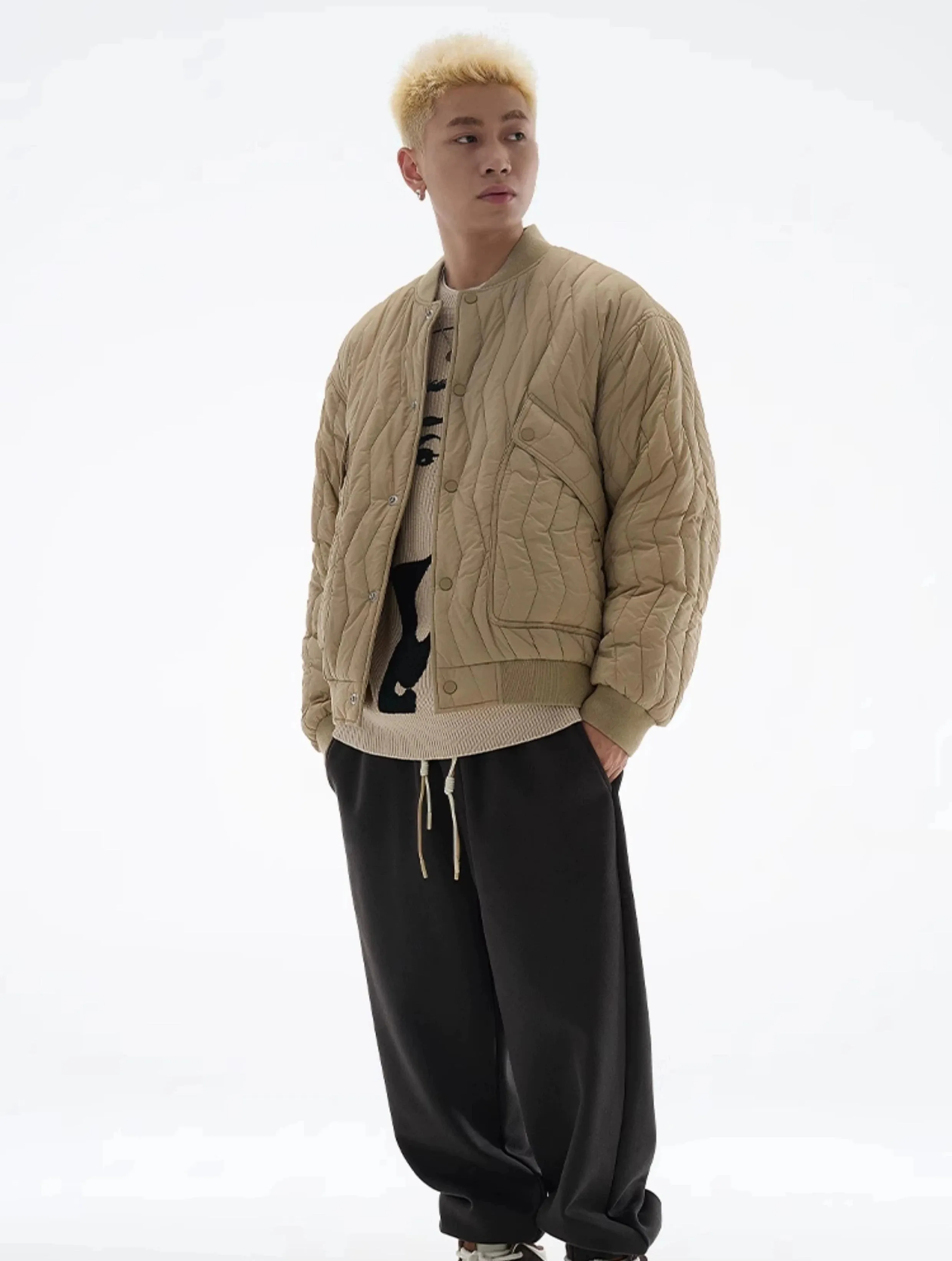 Zigzag Quilted Button Bomber Jacket
