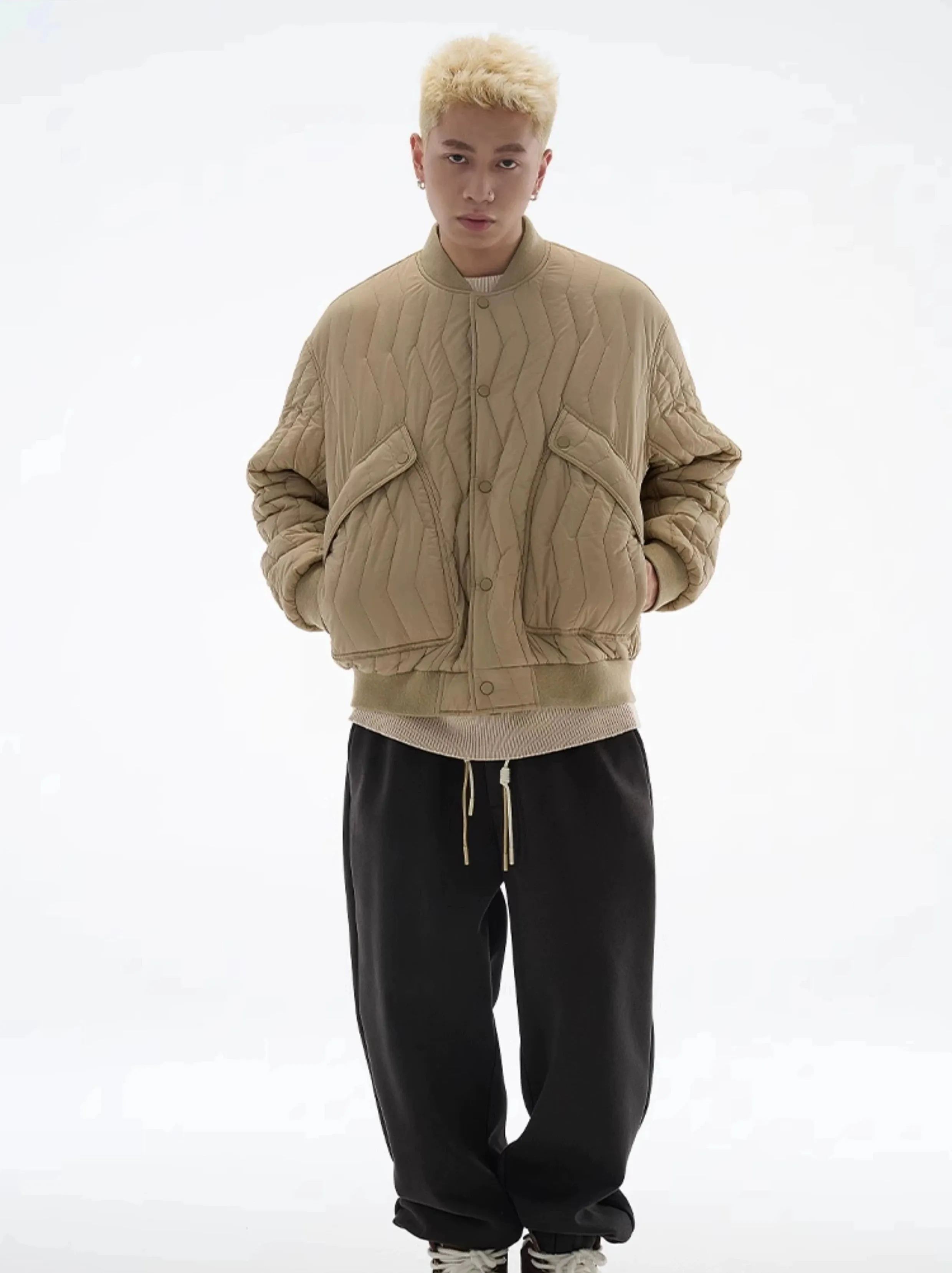 Zigzag Quilted Button Bomber Jacket