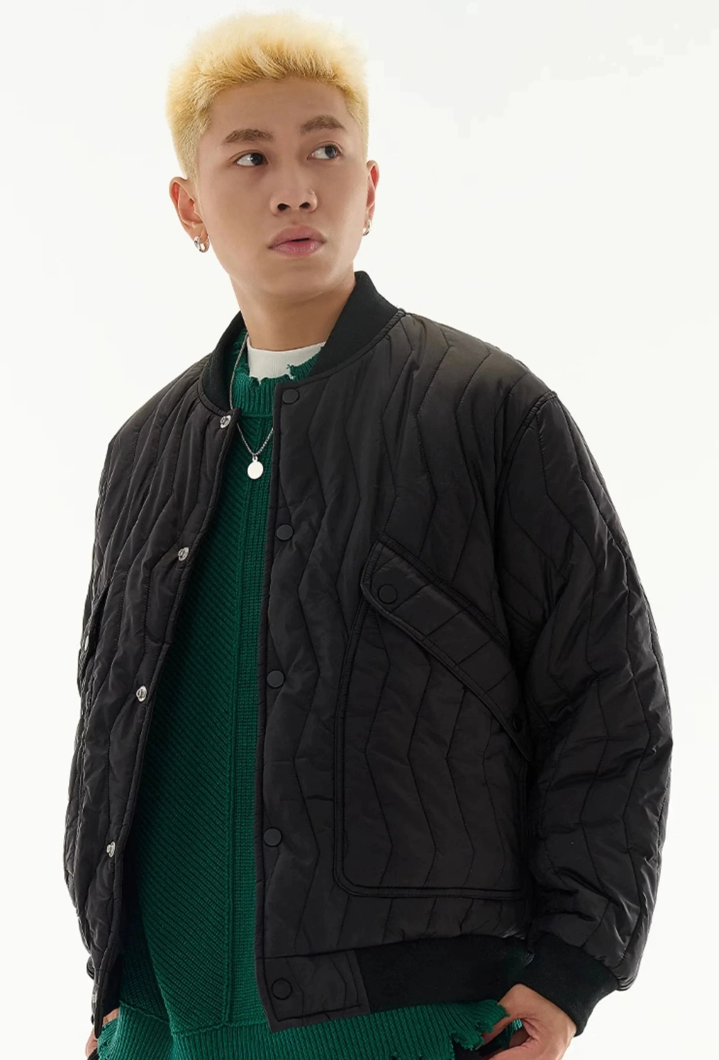 Zigzag Quilted Button Bomber Jacket