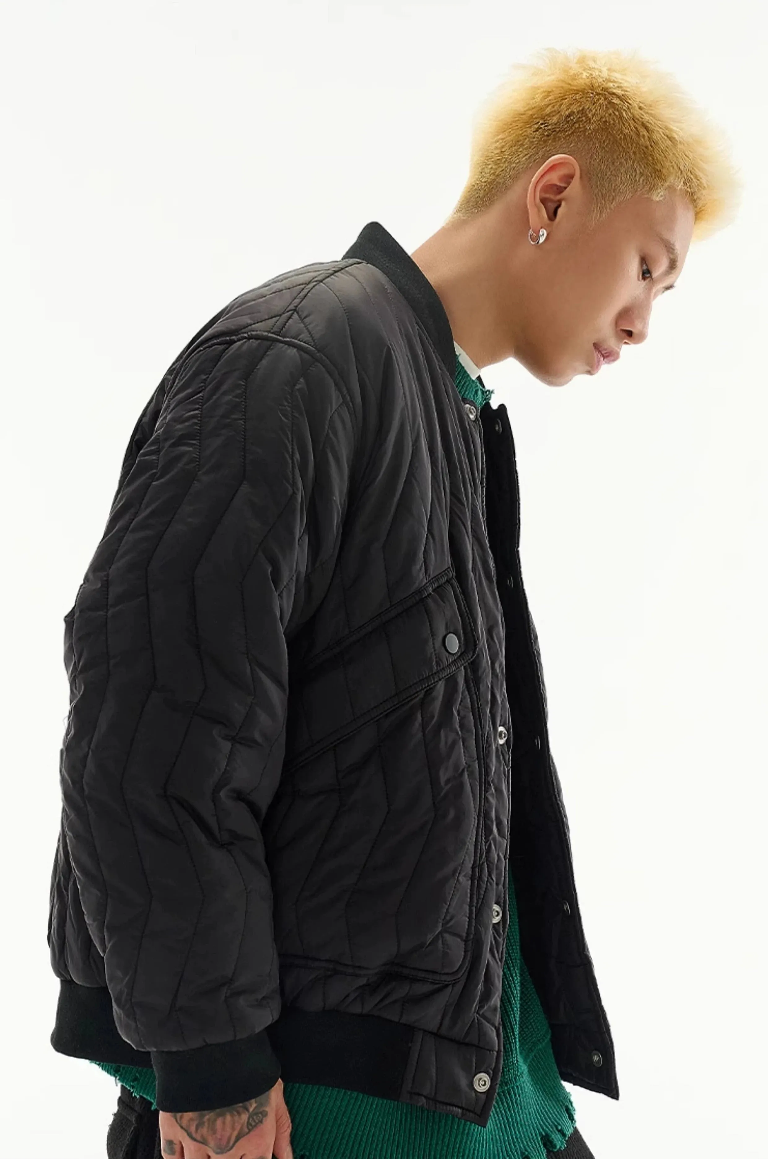 Zigzag Quilted Button Bomber Jacket