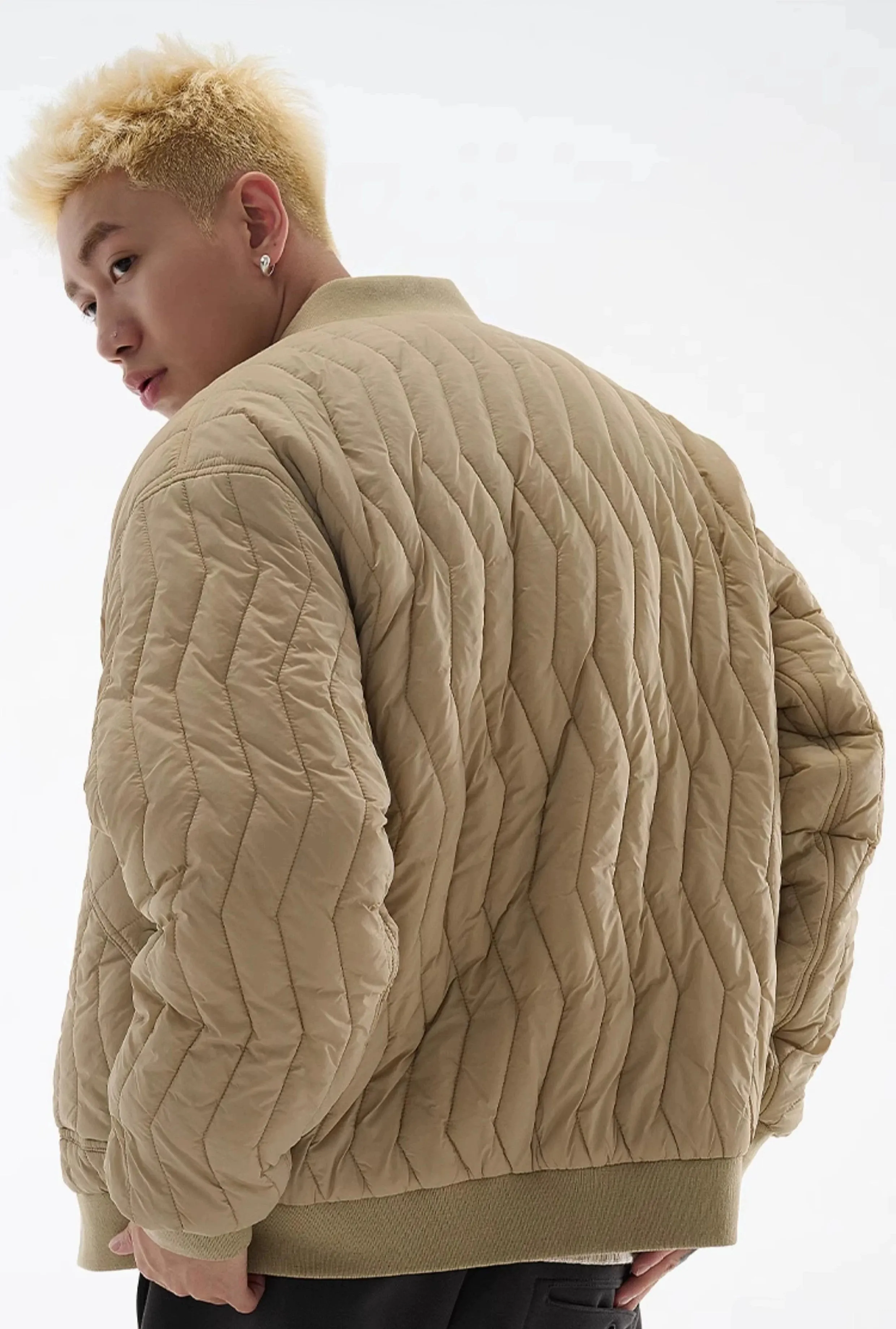 Zigzag Quilted Button Bomber Jacket